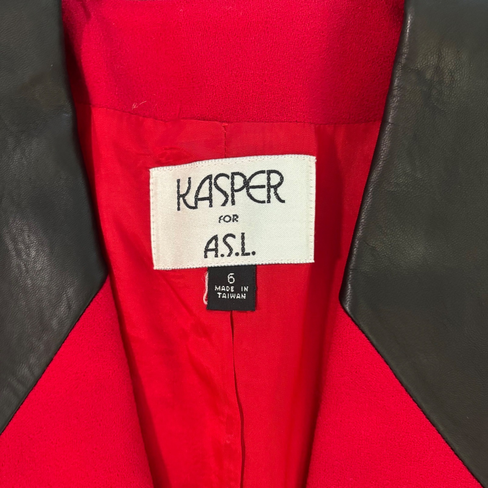 Kasper for ASL Red Wool Skirt Suit Set 6 Vintage Black Leather Trim Blazer Skirt