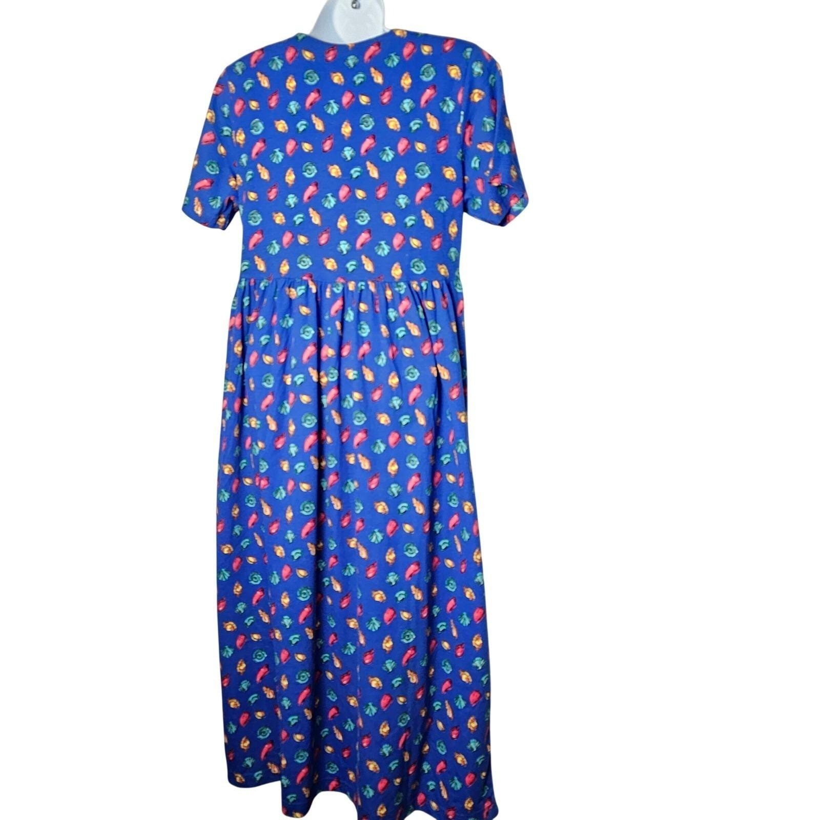 Vtg 90s Seashell Maxi Dress Womens Small Blue Cottagecore Coastal Beachy FADS