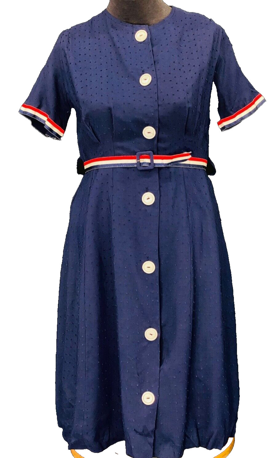 Vintage 1950s navy blue dress, short sleeve red white stripe cotton shirt shift