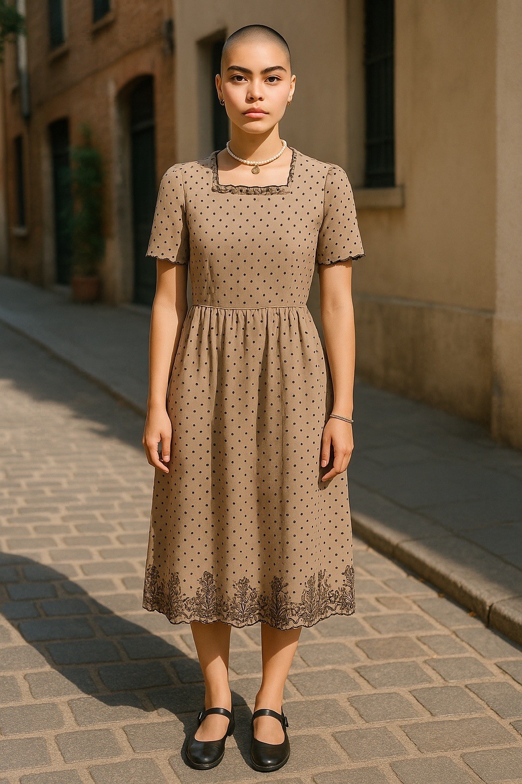 Vintage Dress 1940s WW2 Era Embroidered Polka dot Hand Sewn Cottagecore Brown S