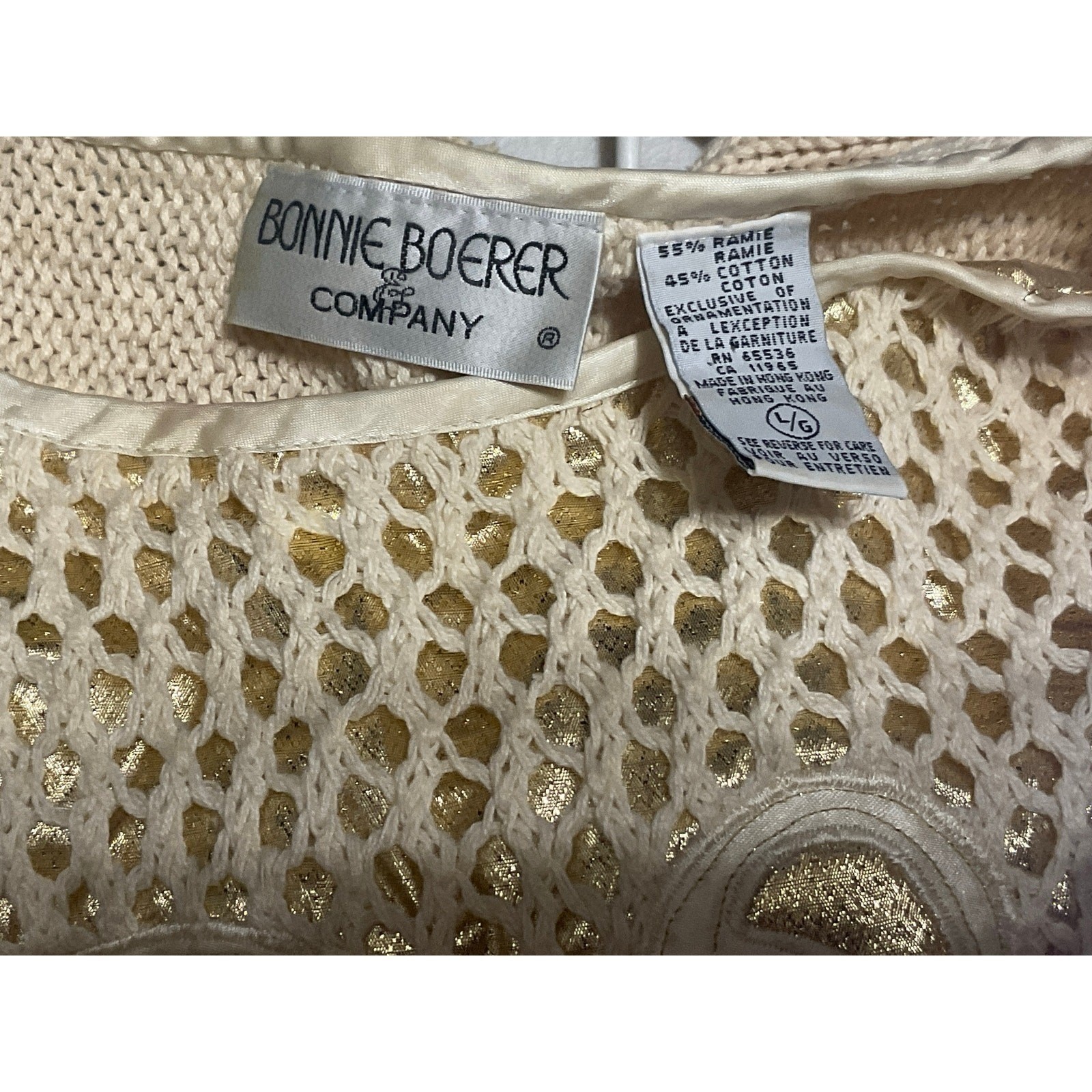 Bonnie Boerer L VTG 80s Cream Gold 3D Floral Roses Lace Appliqué Knit Sweater