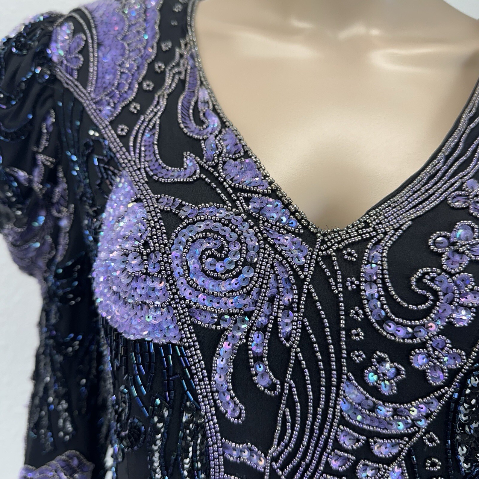 Vtg Fully Beaded Sequin Silk Mini Dress Tunic Peacock Great Gatsby Dancer M