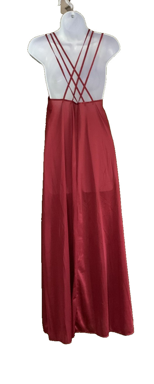 Vtg Nylon Lace Triple Strap Cross Back Maxi Nightgown Merlot Petra Fashions Sz S