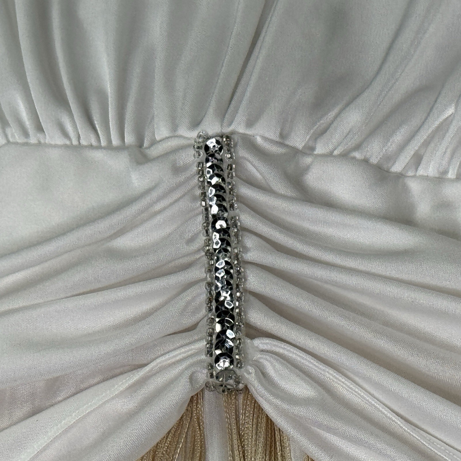 Vintage Filigree California Disco Fringe Cocktail Dress White Gold VNeck Sz 14