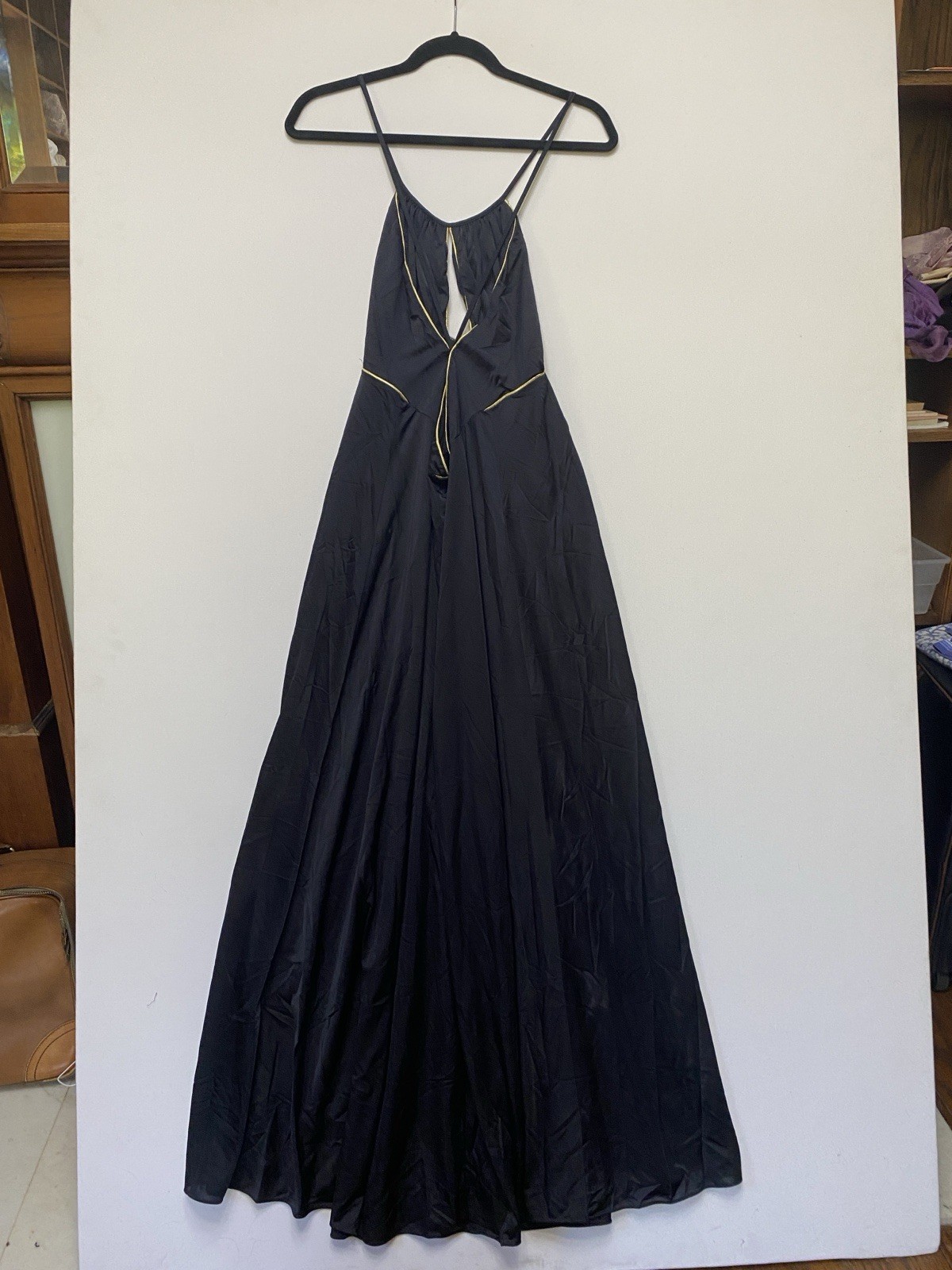Vtg 60s Lily Of France L Nightgown Maxi Nylon Black Gold Trim Keyhole Low Back