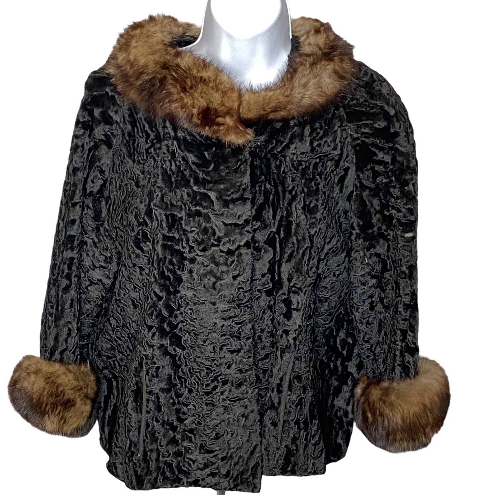 Vintage Black Persian Curly Lamb Brown Mink Trim Fur Jacket Small Short 50s