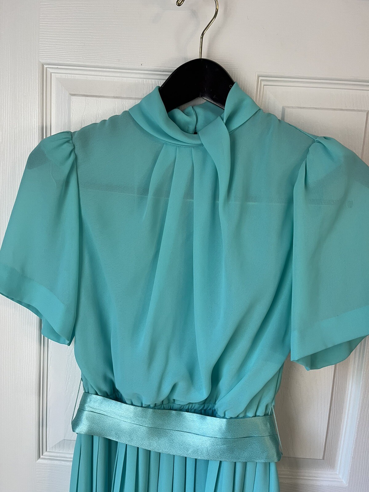 Vintage Short Sleeve Blouson Dress Accordion Pleat Shawl Collar Small/med Satin