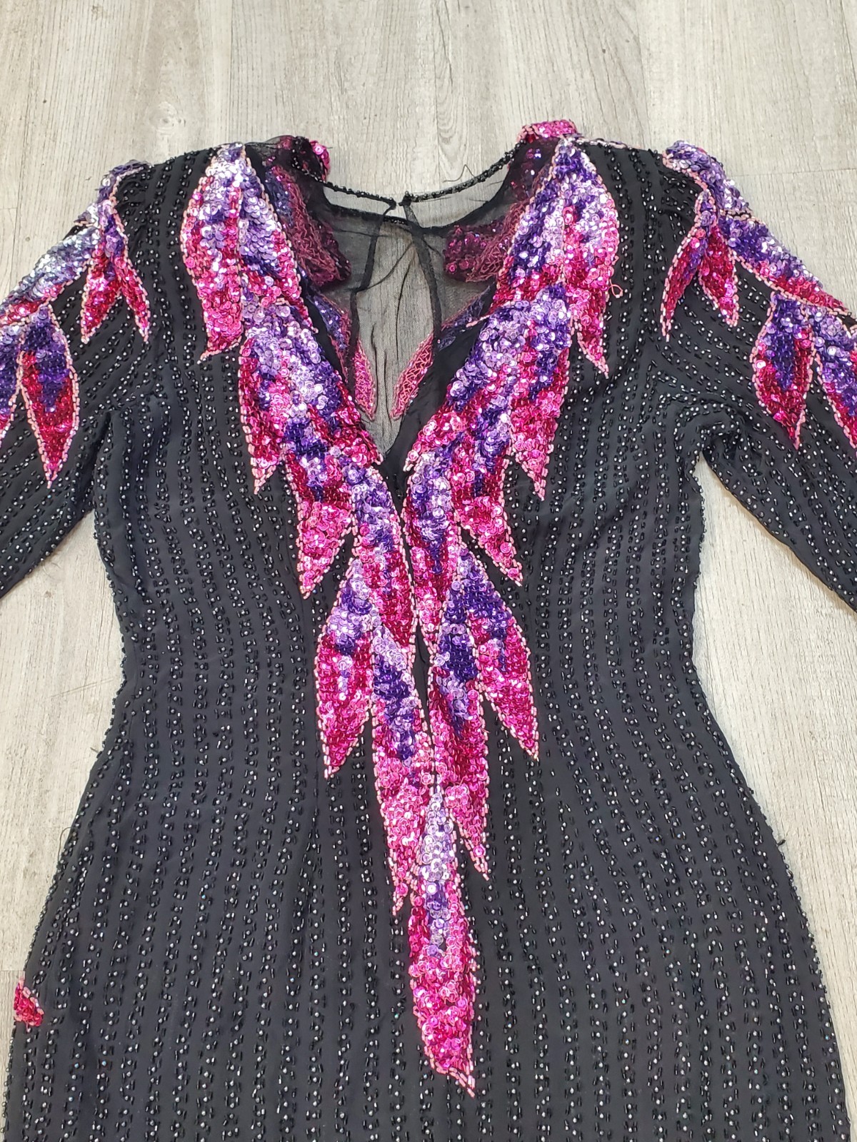 VTG 80s SHO MAX Black/Pink/Purple BEADED Sequined BAROQUE Silk TROPHY Dress Sz M