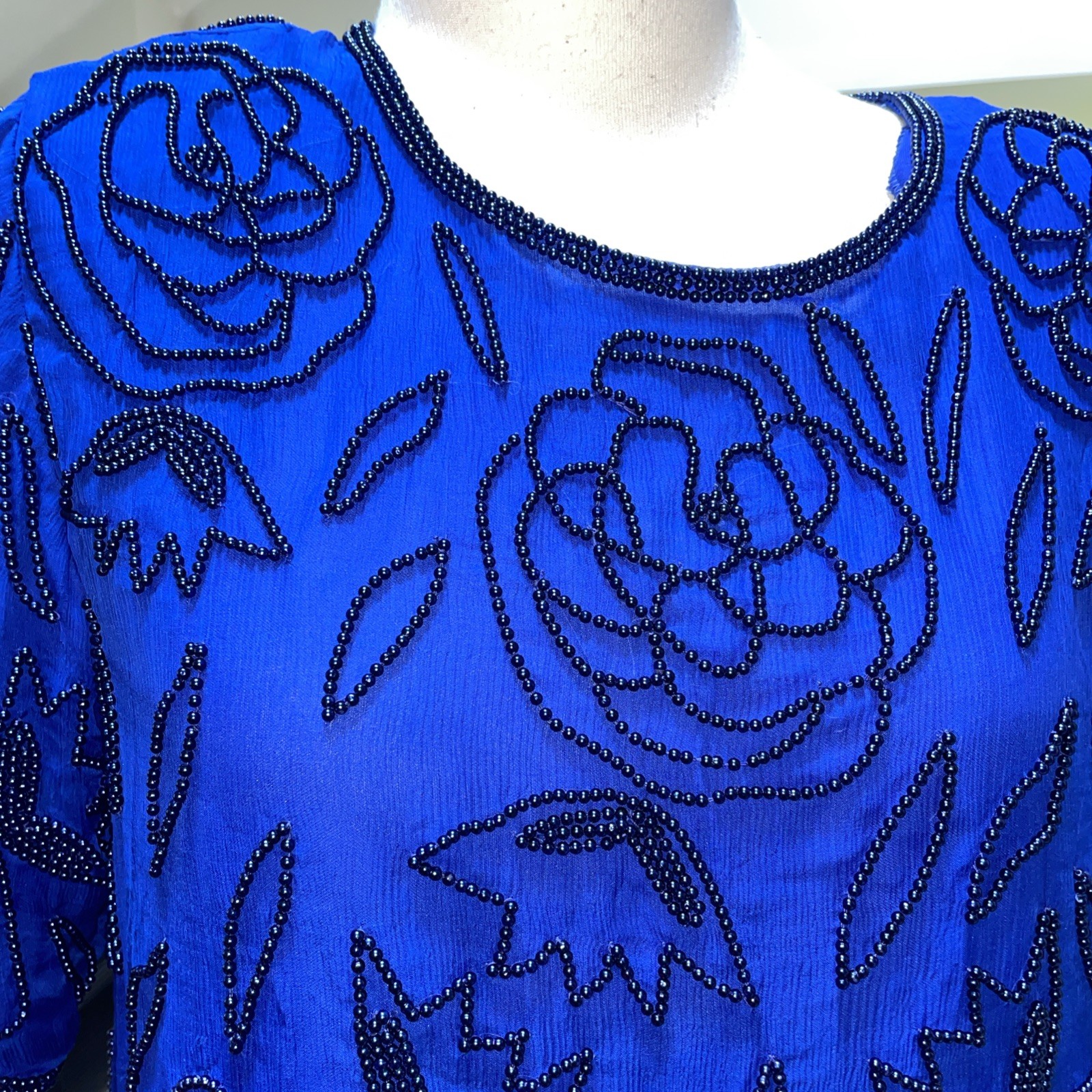 Stenay Padded Shoulders Blue Black Beaded Short Sleeve Top Size Medium