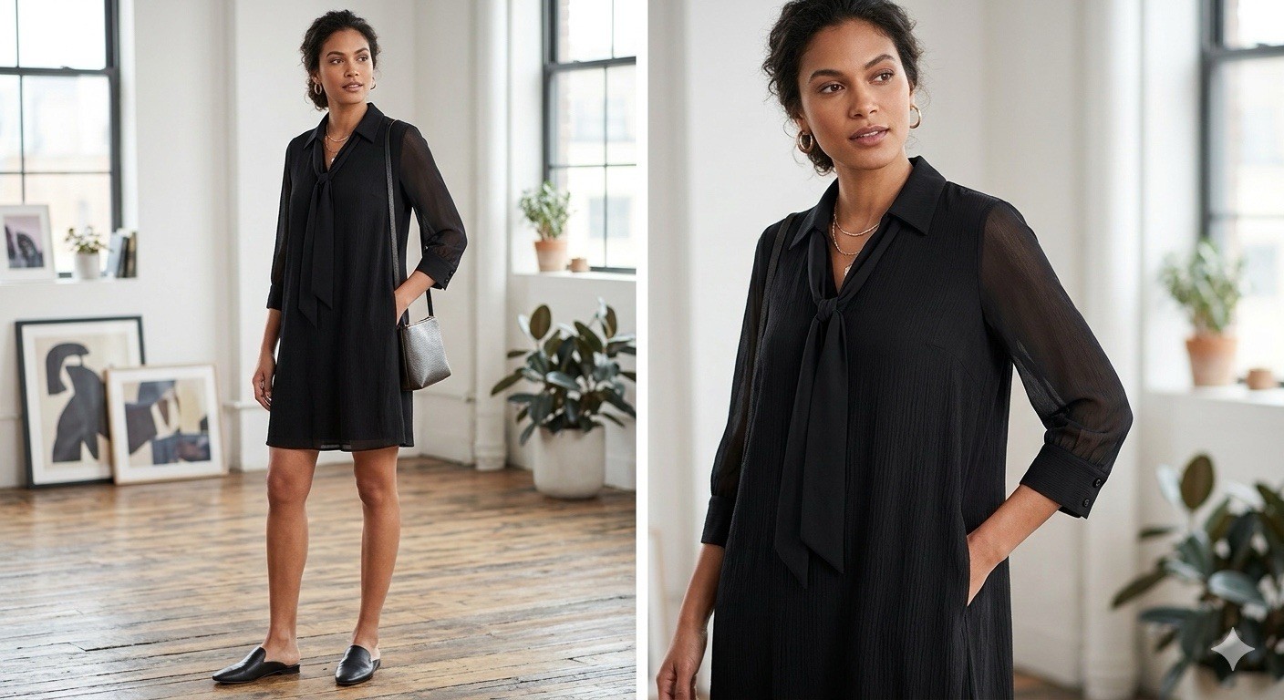 Vintage Valentine Black Crepe Tie Neck Tunic Shift Dress Sheer 3/4 Sleeve