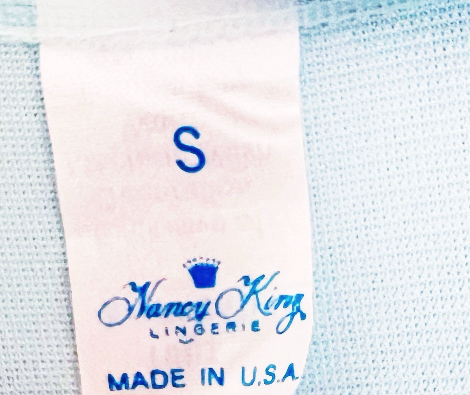 Vintage NANCY KING Robe Sz S Blue Nylon Satin Button Up Lace Pocket Collared