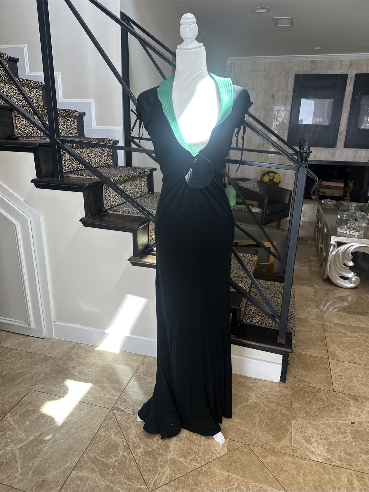 Mariano Toledo VTG Y2K Bias Cut Black & Green Jersey Low Neck Fishtail Gown 2