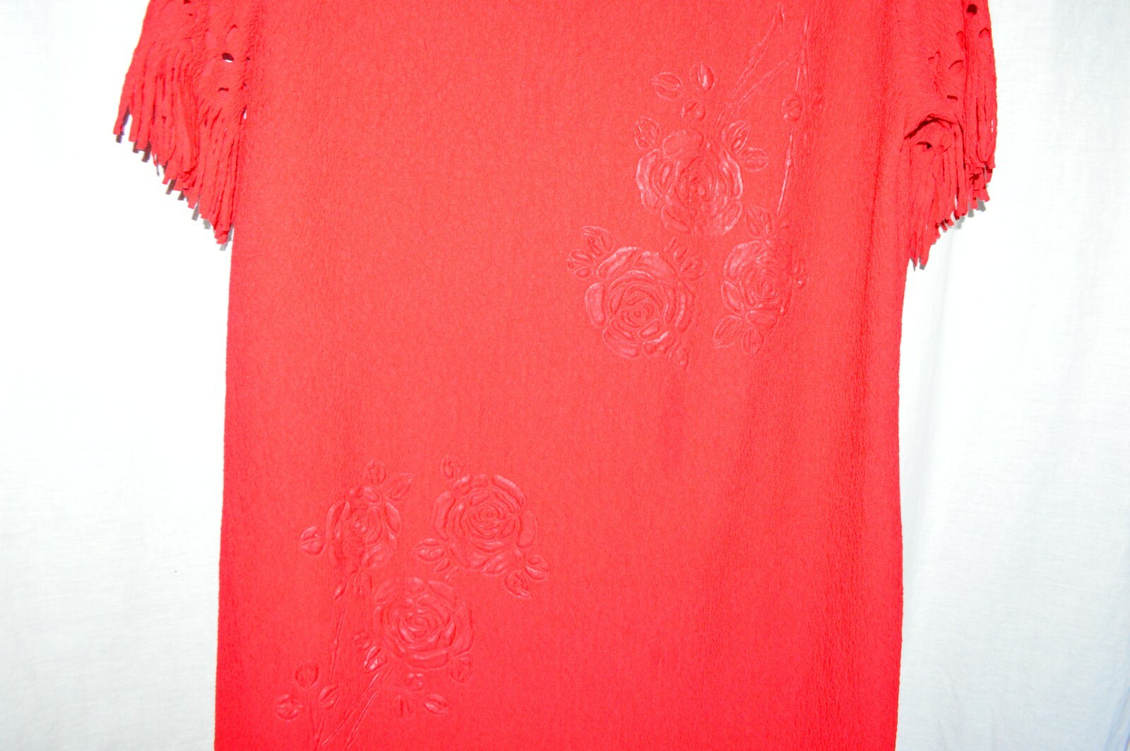 MaxiMa Red Floral Vintage Drop Waist Dress Large Fringe Open Cut Polyester USA