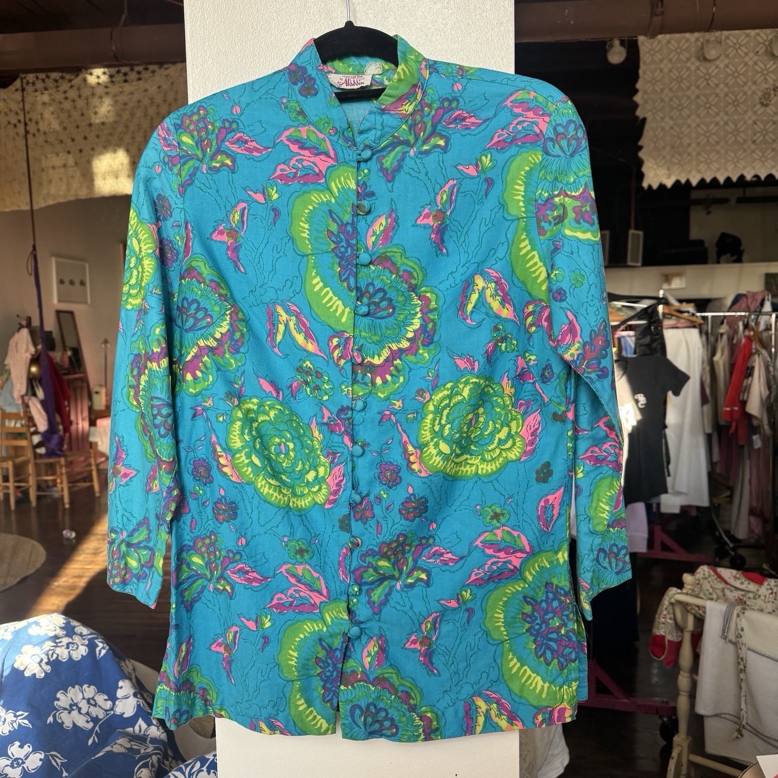 1960s Vintage Psychedelic Turquoise Cotton Tunic S Aladdin Shirt