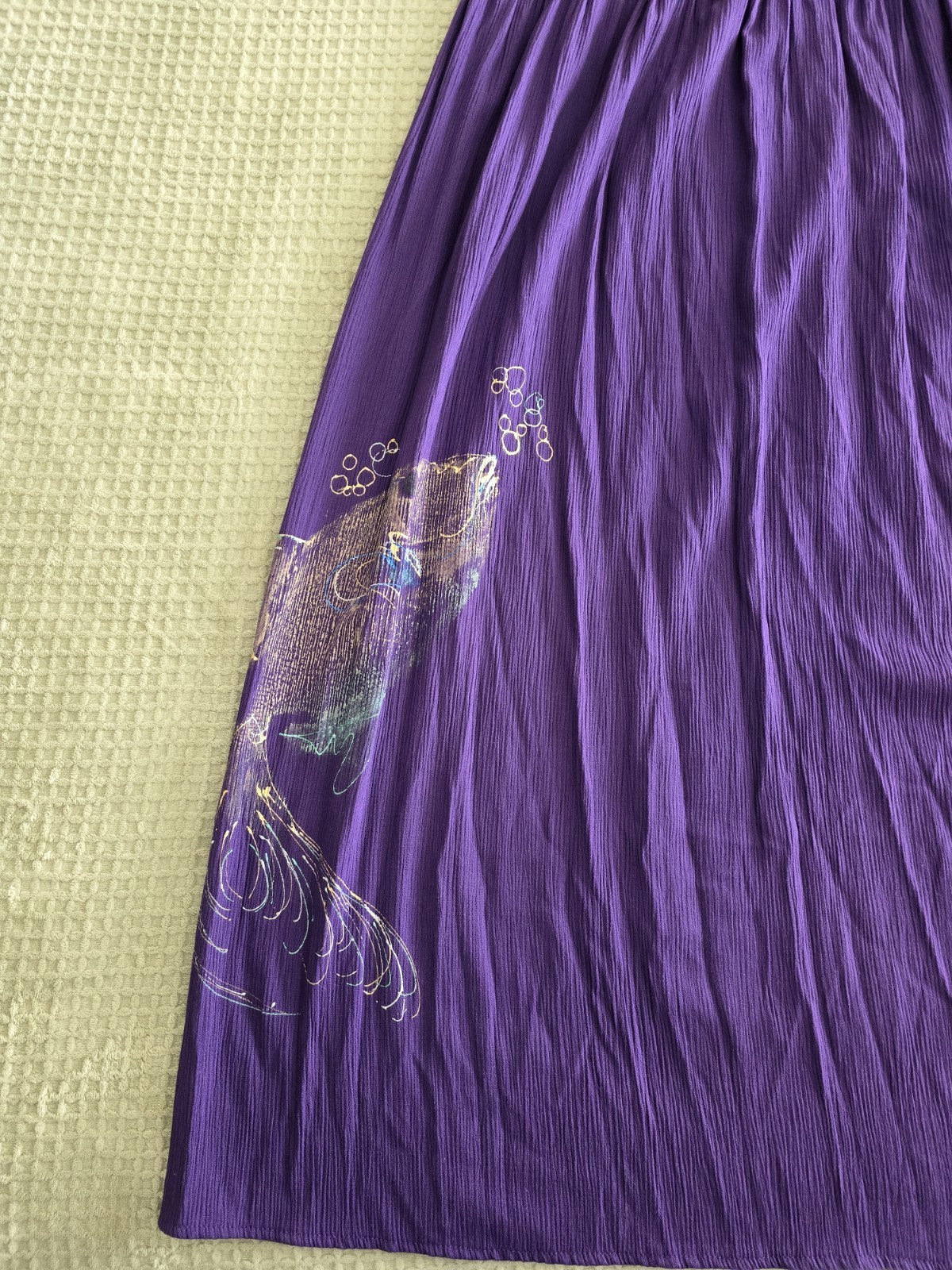 Vintage 80s 90s Purple Rayon Dress Hand Painted Fish Womens Large XL Whimsical