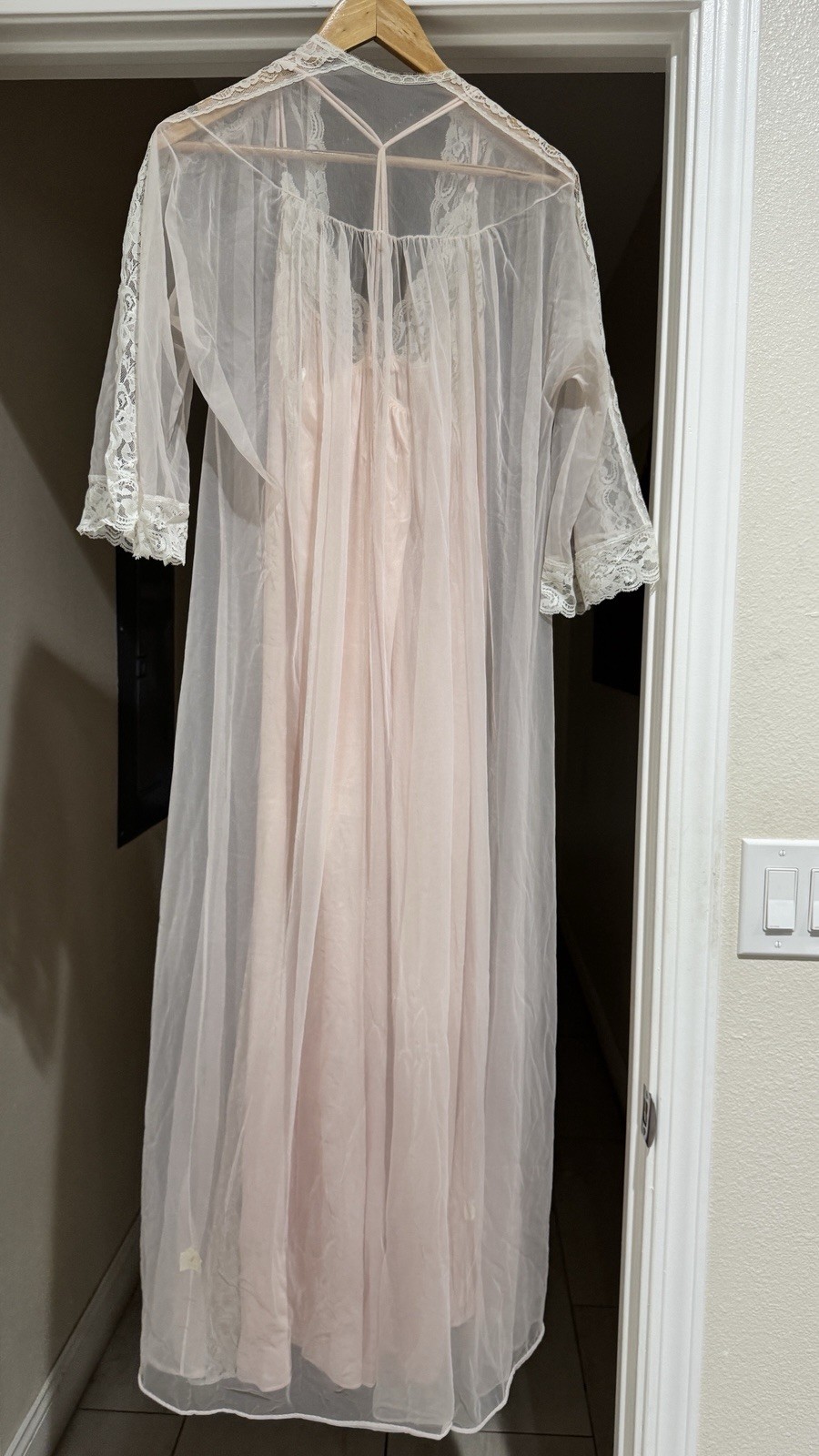 2PC Vintage L-XL 80s peignoir sheer Chiffon 100% Nylon Nightgown & Sheer Robe