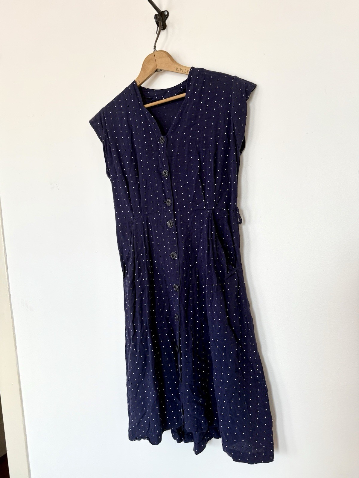 VINTAGE 40s FLOCKED POLKA DOT RAYON JERSEY BUTTON FRONT SLEEVELESS MIDI DRESS SM