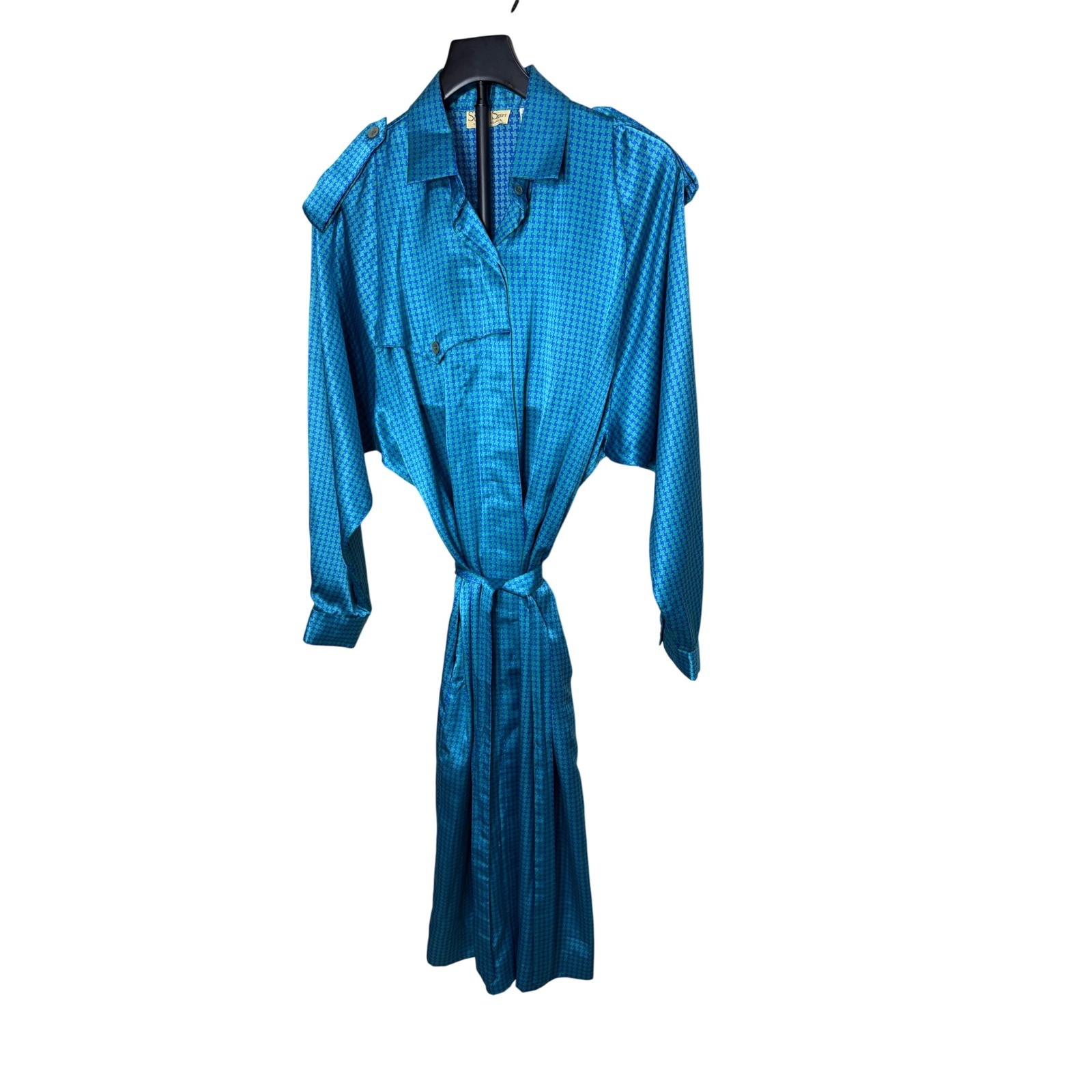 Schrader Sport Vintage 80s Teal Blue Houndstooth Midi Shirtdress Belted 12W