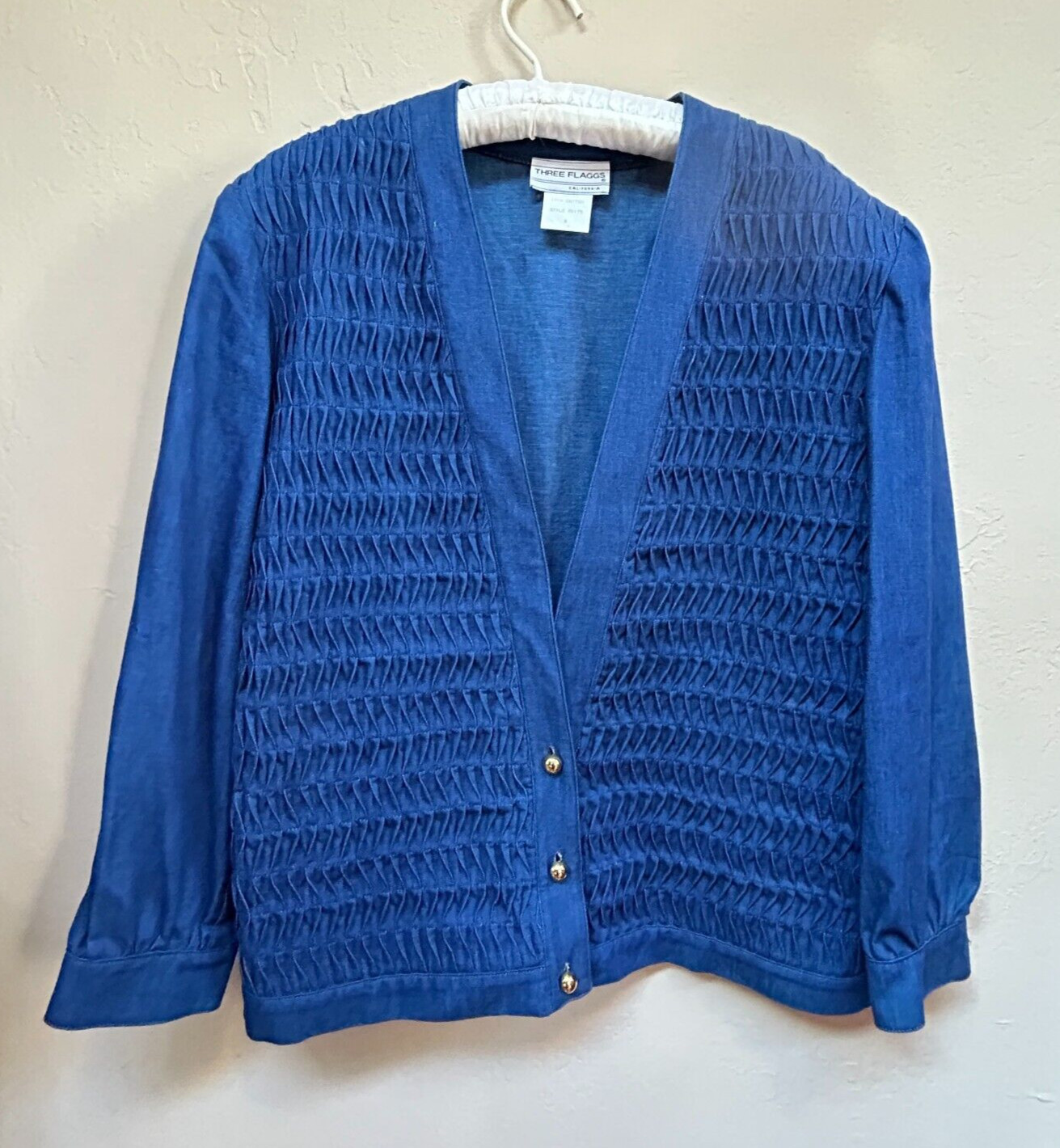 Vintage Three Flaggs California Womens Textured Denim Jacket Size 8 Metal Button