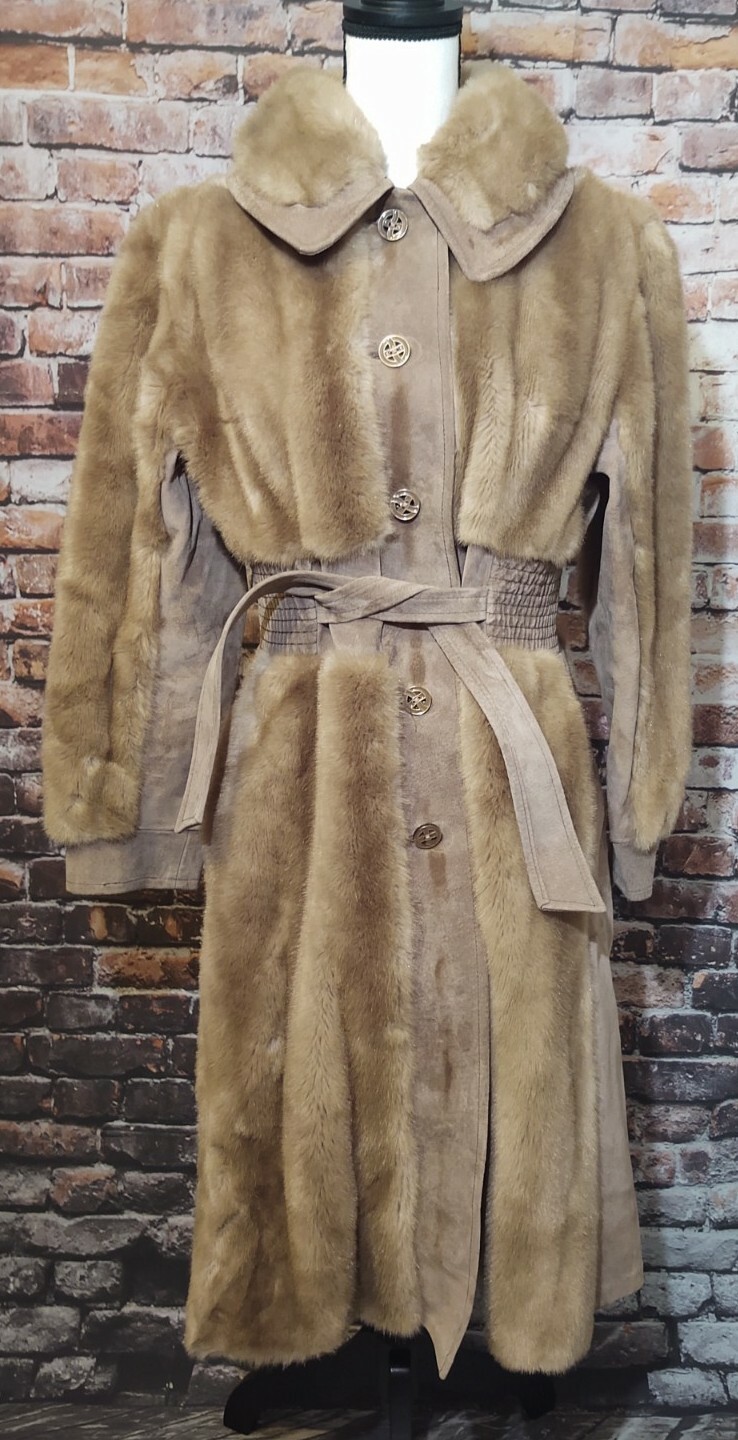VINTAGE LYKAFUR PRISCILLA MODES FAUX FUR DRESS COAT SUEDE TAN BELTED TRENCH