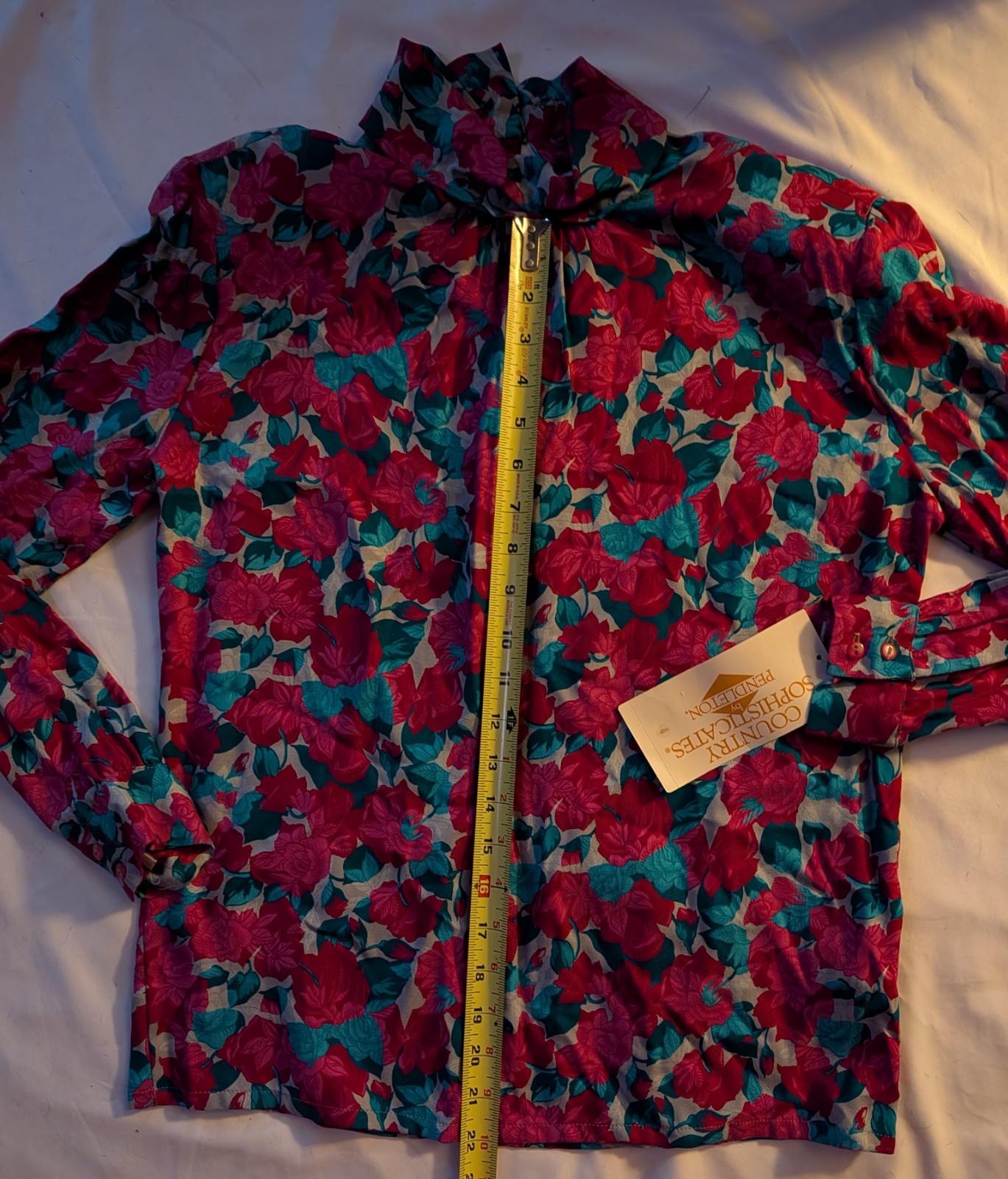 Pendleton VTG Blouse Sz 6 Red &Teal Top Cuffed Long Sleeves High Neck Business