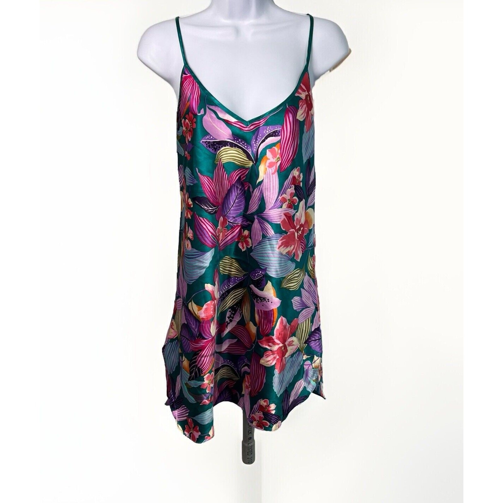 Vintage 80s California Miss Paisley Print Lingerie Dress Teal Purple Satin