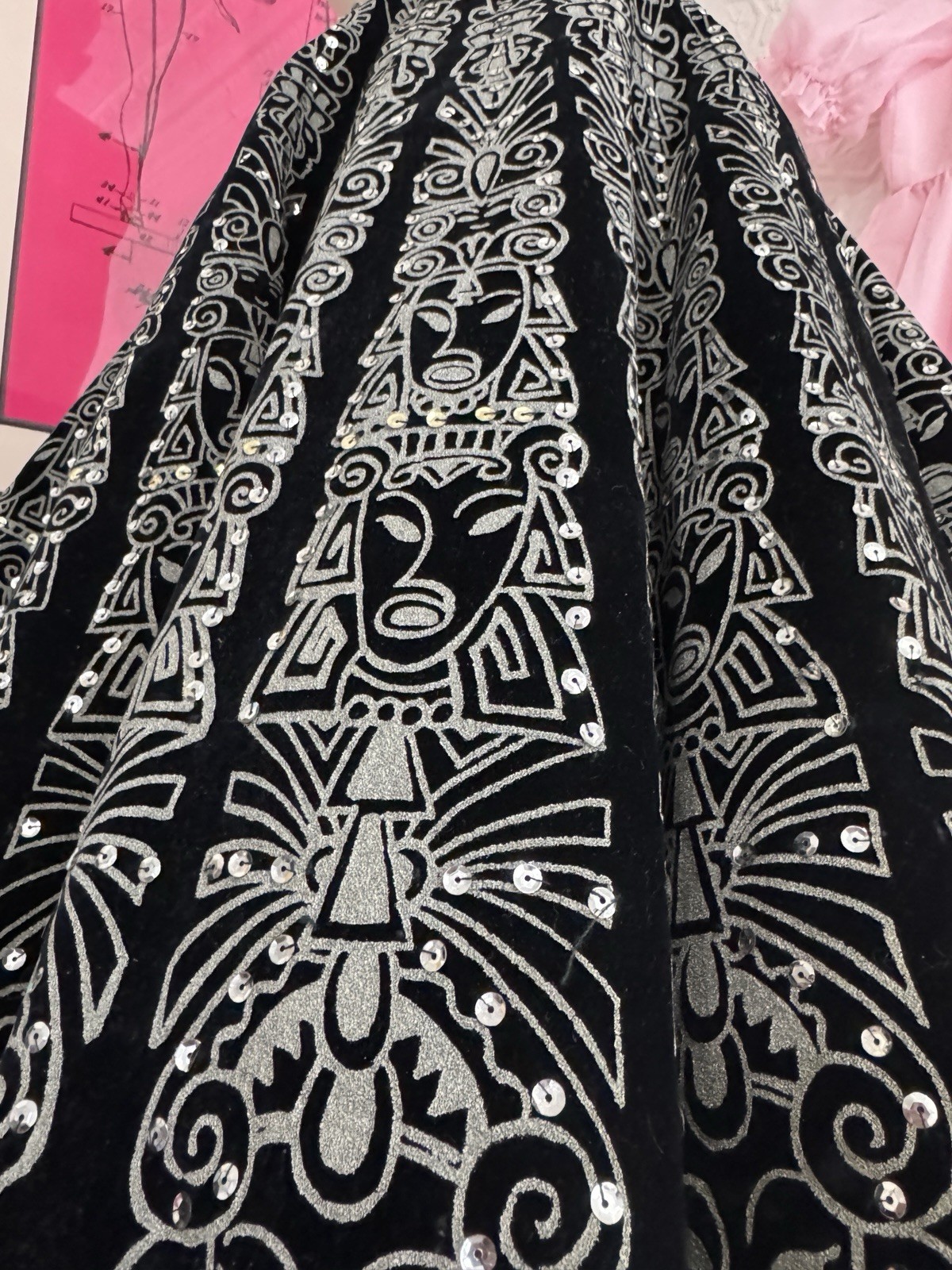Vintage Velvet black circle skirt-Hand painted-Sequin-1950s-Skate-Silver-Deity-M