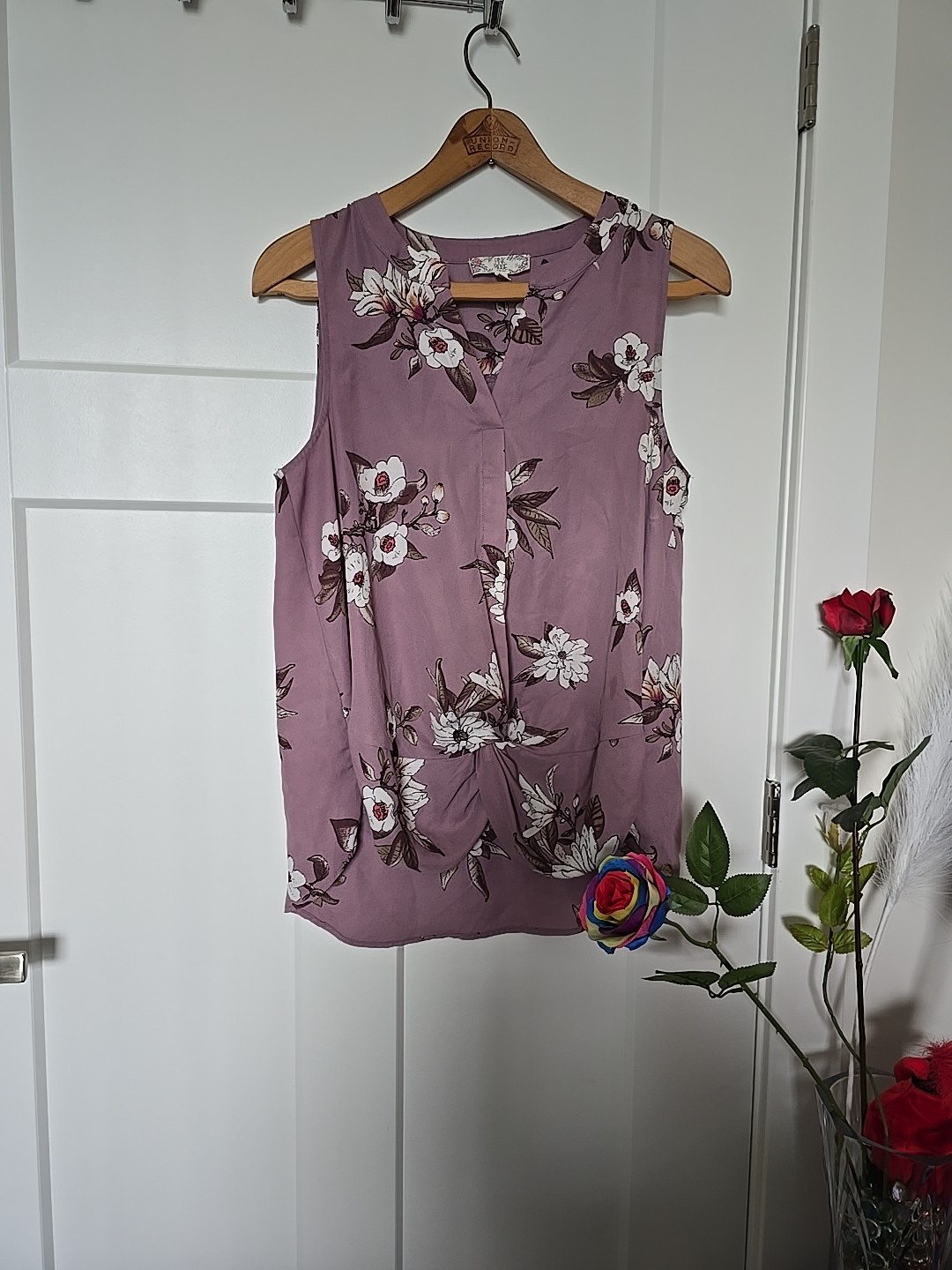 Vintage Pink Rose sleeveless faux tie floral print blouse XL Lightweight Packing