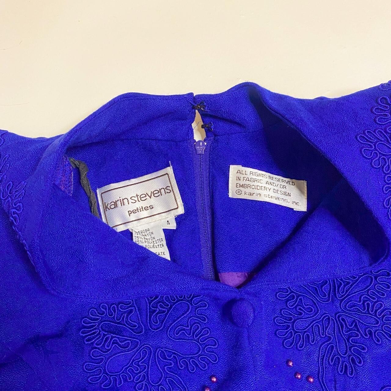Vintage Blue Dress 1980’s Long sleeved Dress with floral embroidery embellishme