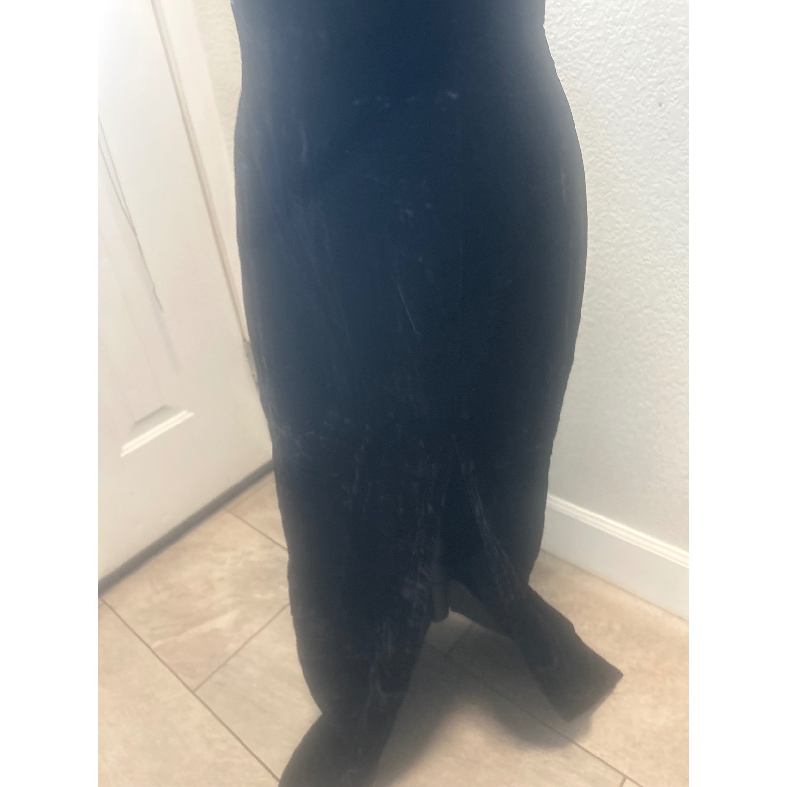 Y2K L.A. Glo Vintage Black Velvet Halter Gown Lace Neckline Slit Prom Dress 7/8