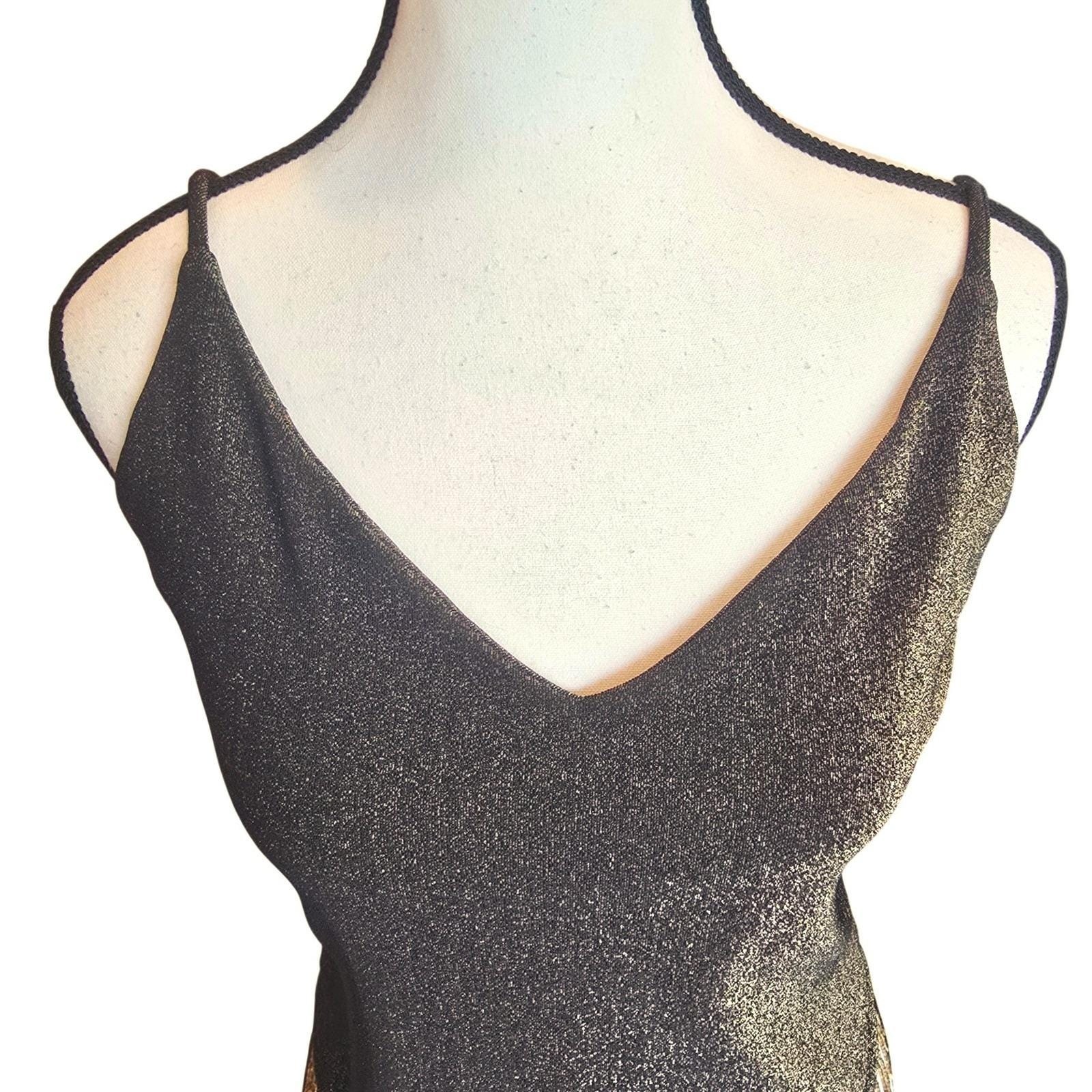 VTG 90s Mirrors Black Gold Metallic Cami Top Large Beaded Fringe Handkerchief L