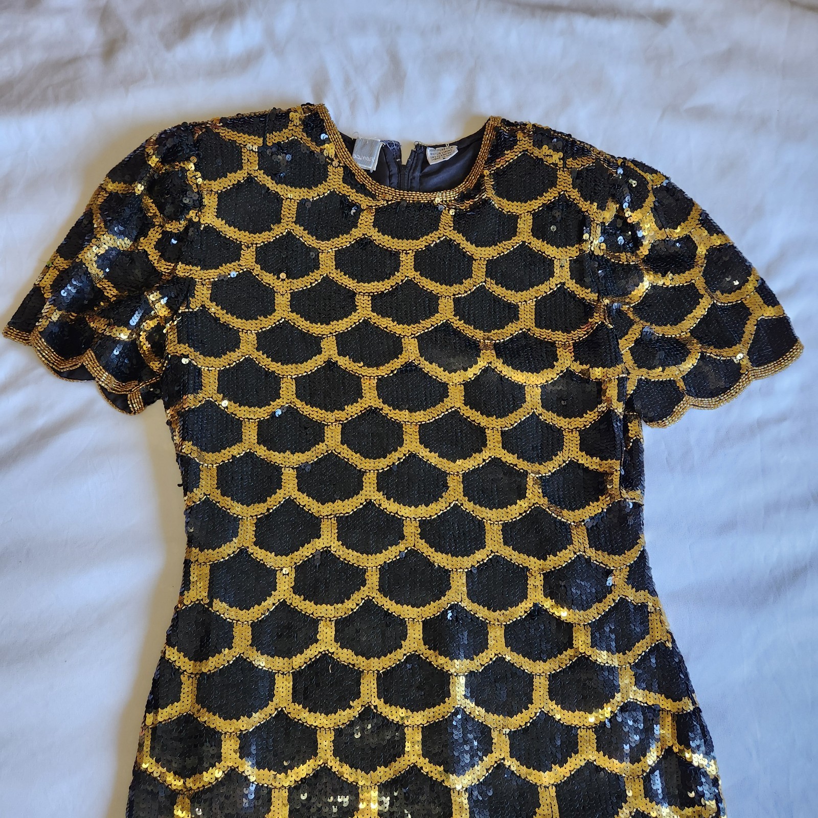 Vintage 80’s Scalloped Sequin Black Gold Silk Dress as seen on Katy Perry Size S
