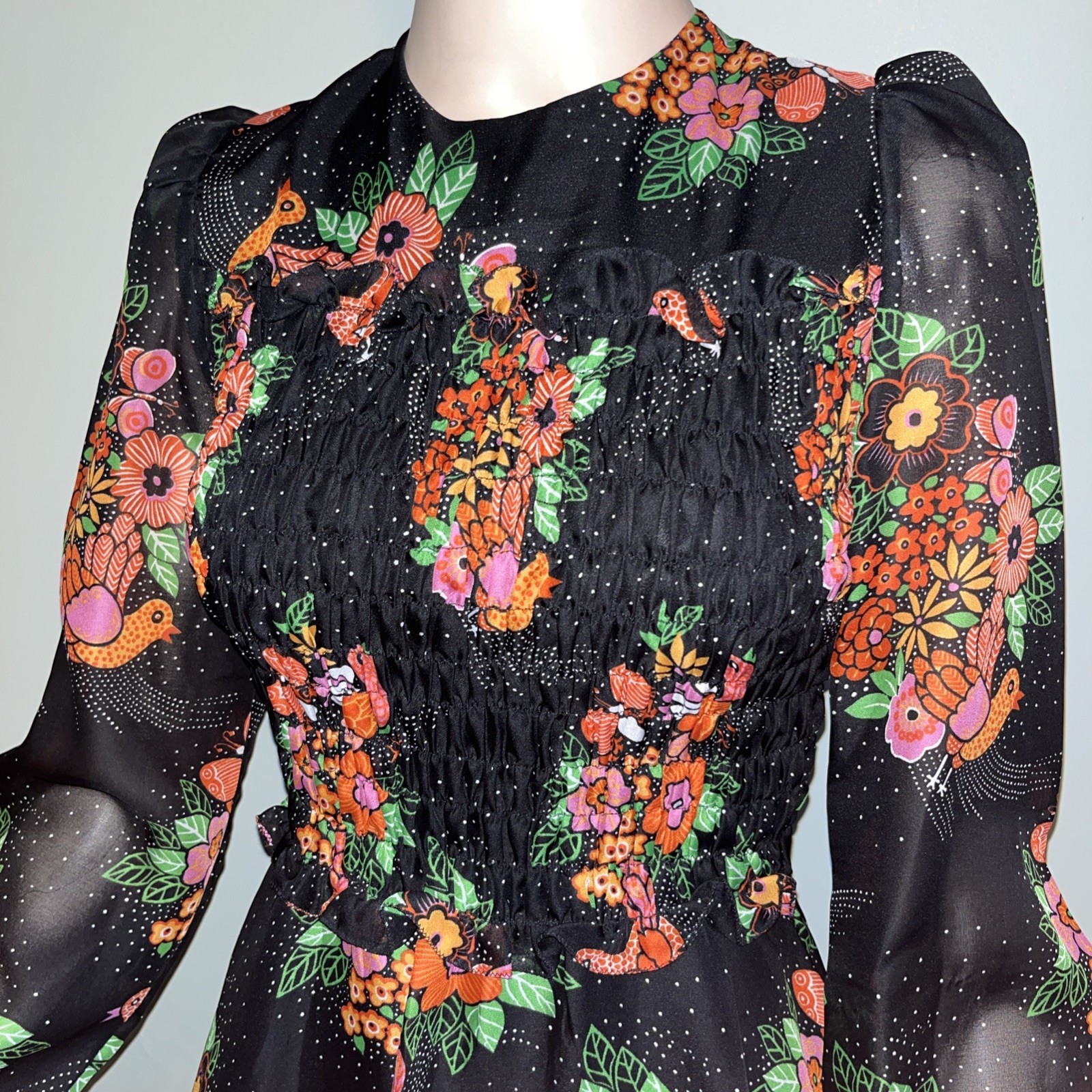 Vintage 70s European Floral Bird Hippie Mod Mini Dress Sheer Puff Sleeve Folk M
