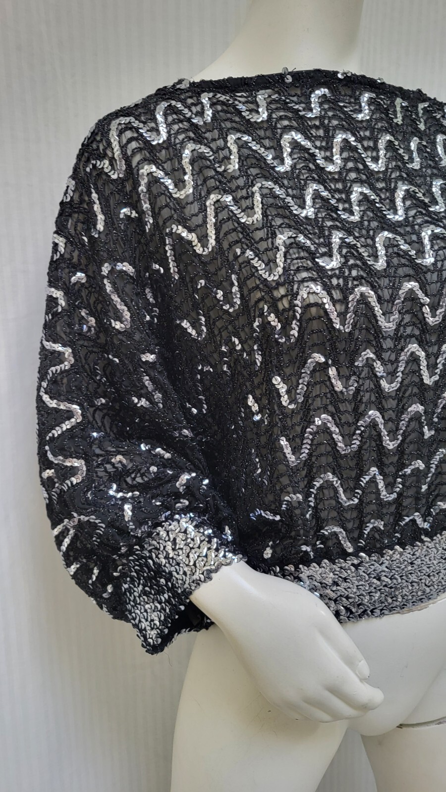 Vintage 1970s Black Silver Sequin Semi Sheer Balloon Sleeve Top – Size S/M
