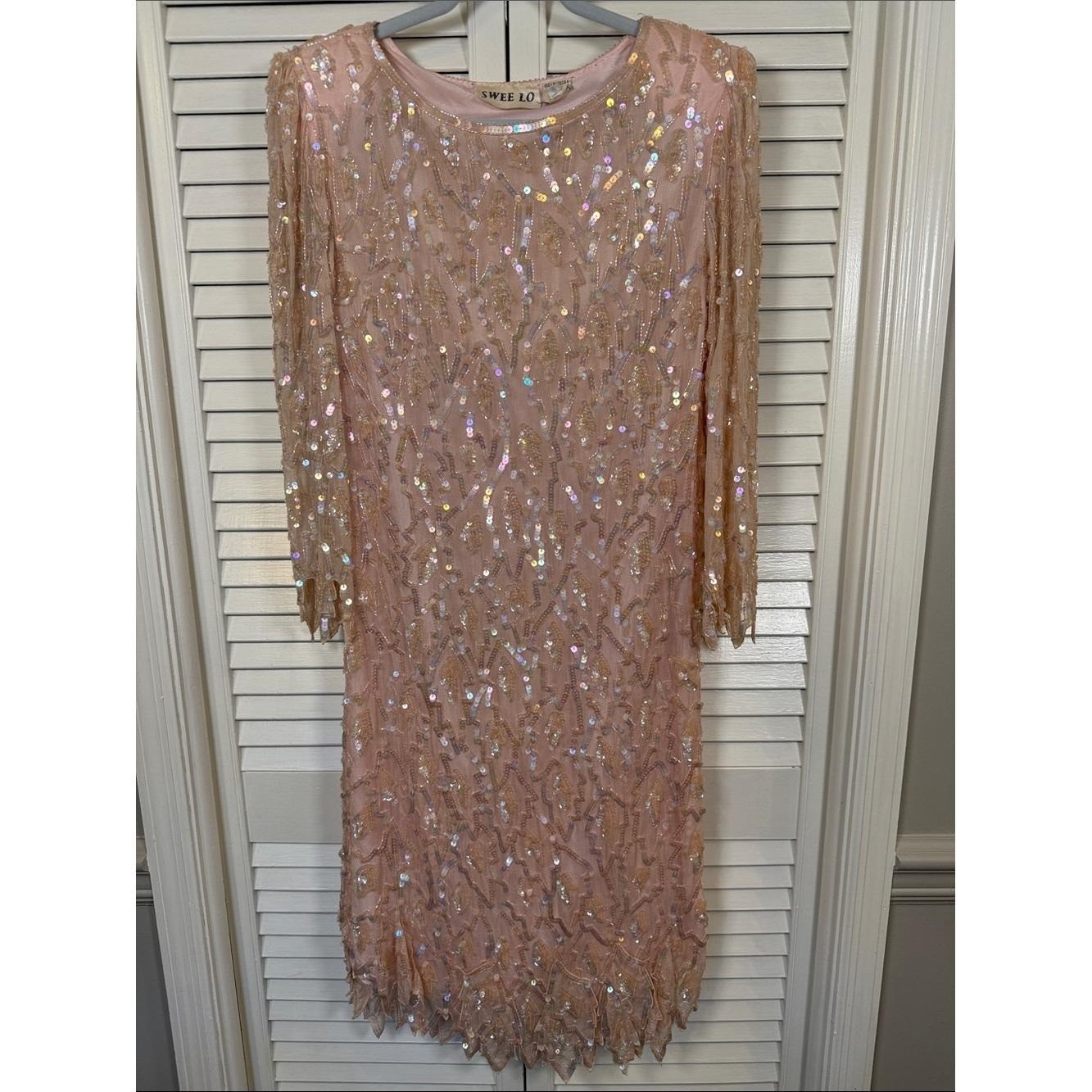 VTG Swee Lo Pink Silk Sequin Beaded Leaf Cocktail Dress Small