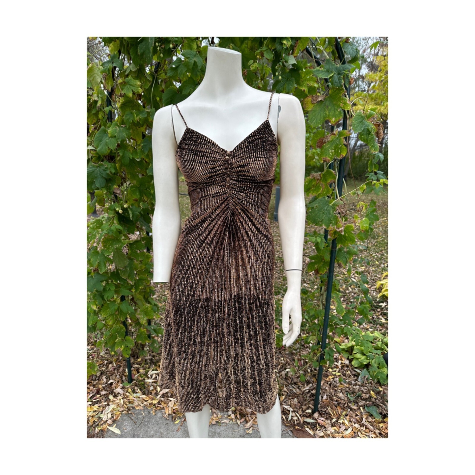80s Travilla Style Metallic Bronze Pleated Party Dress Sunburst Accordion Lurex