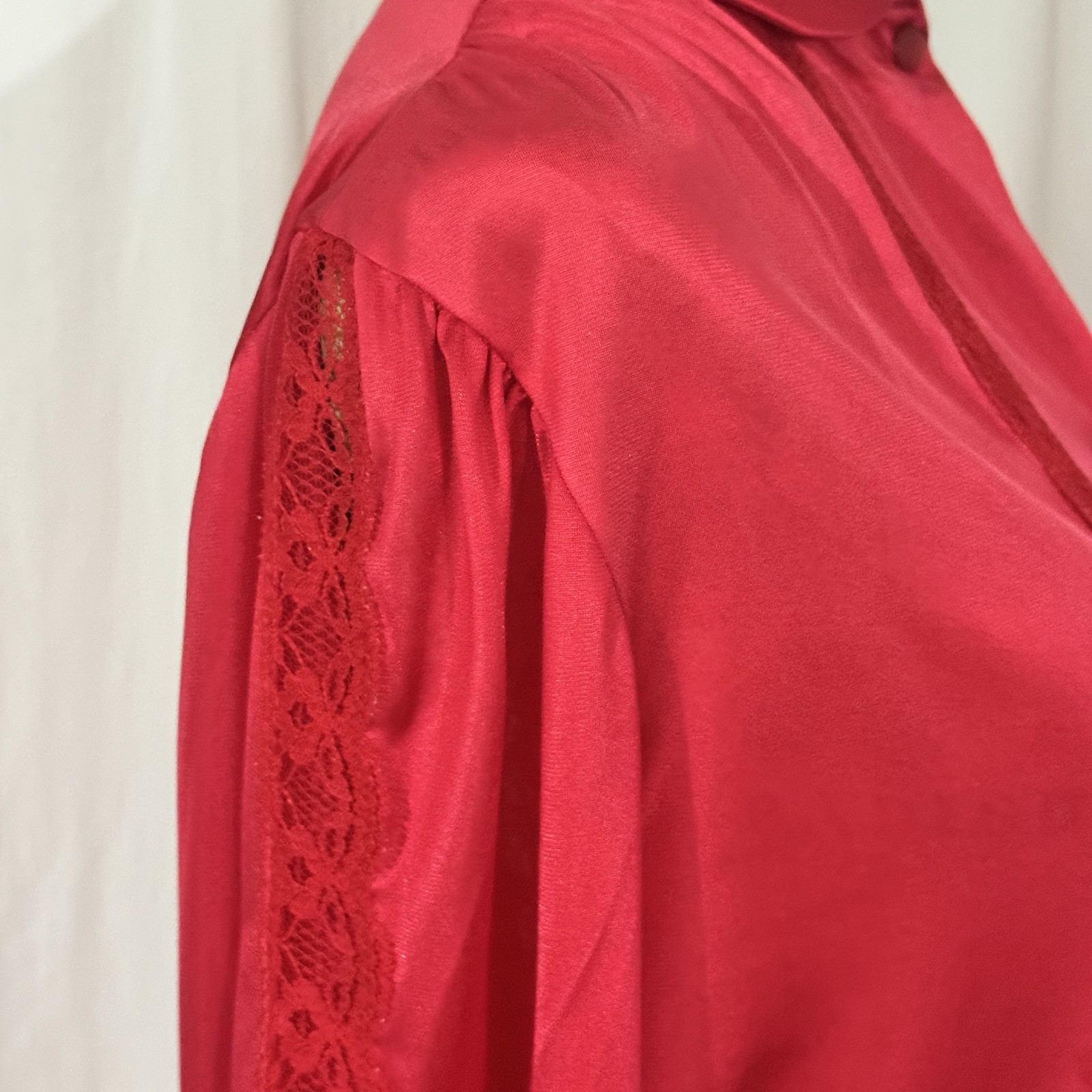 VTG NANCY KING Lingerie Bed Jacket Blouse Sz M Red Lace Peter Pan Collar Sleeves