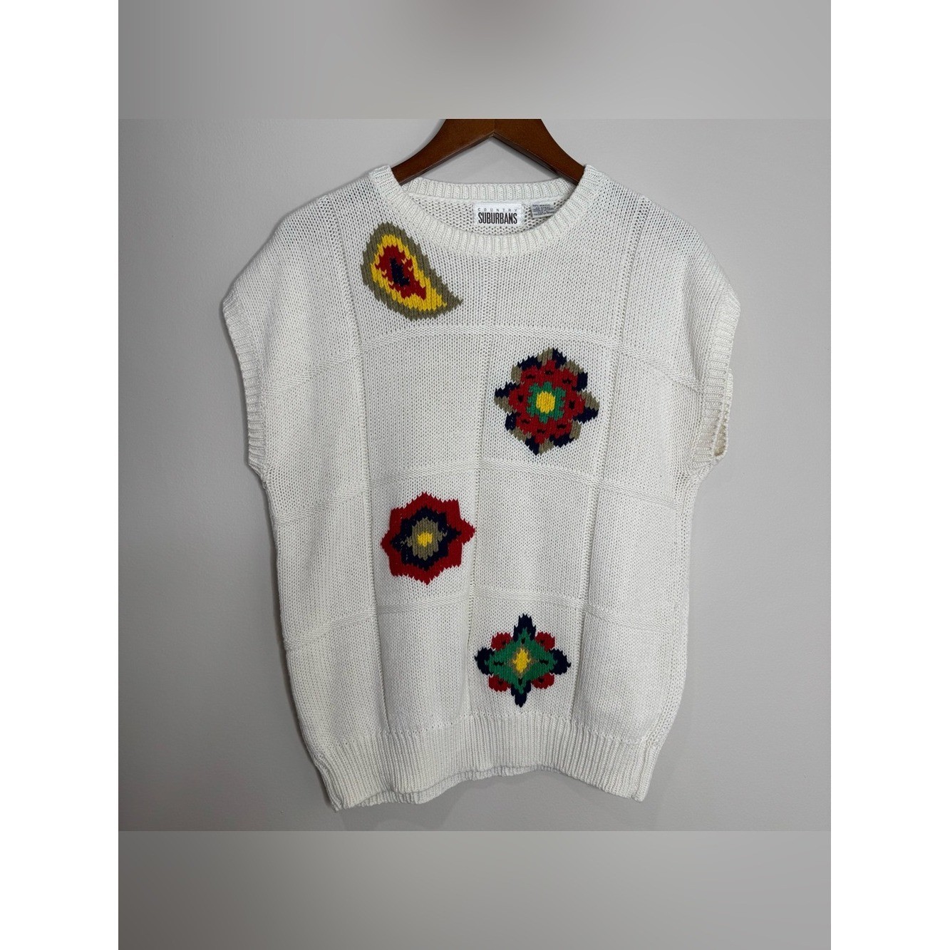 Vintage 90s Country Suburbans Granny Square Knit Sweater Vest Top Large Cottage