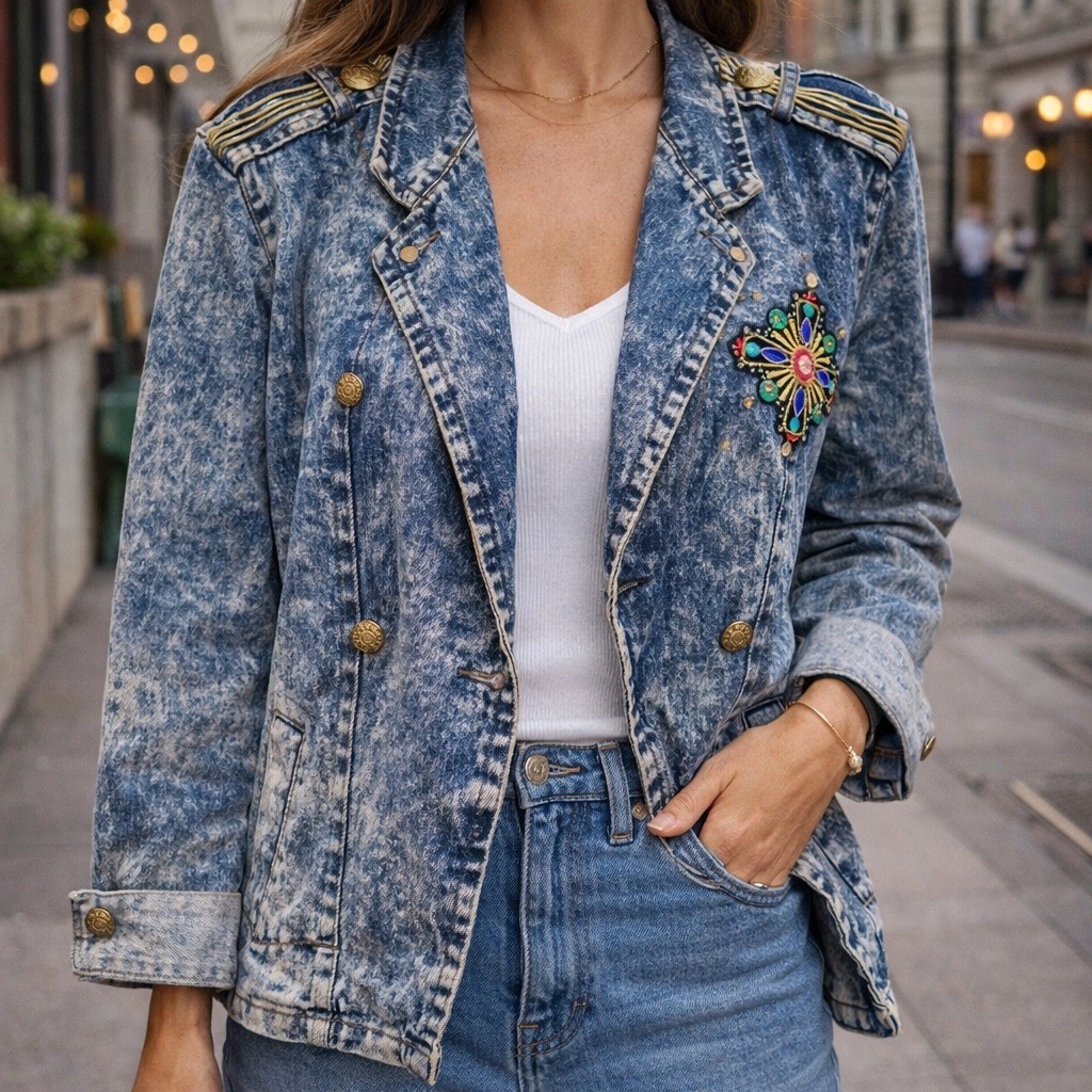 Vintage Acid Wash Denim Jacket Womens Small Military Embroidered 80s Crop