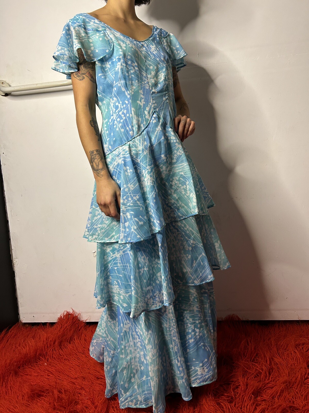 Vintage 1950s 1960s Handmade Tiered Gown Dress Blue Nylon Flutter Sleeves AU 8