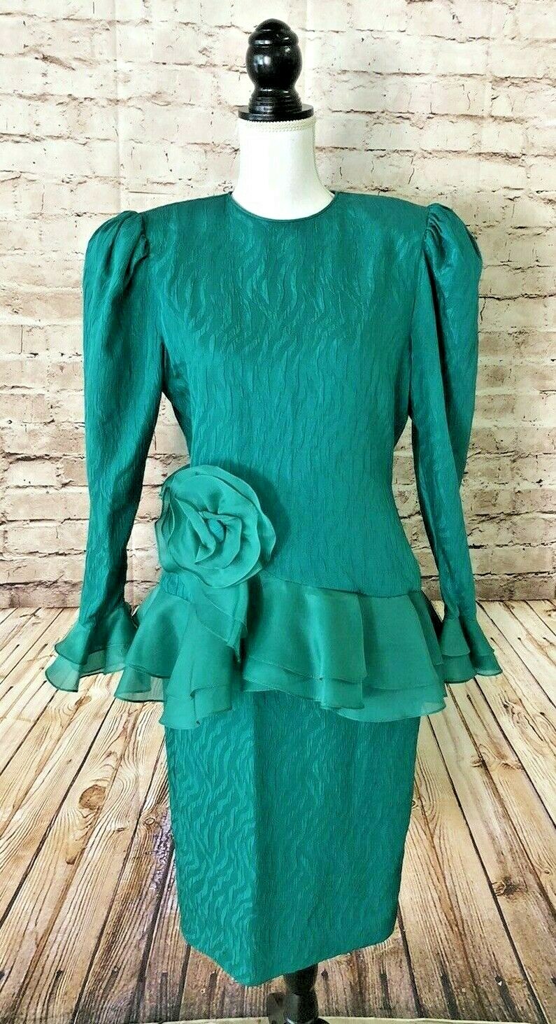 Vintage 80s Rina di Montella Emerald Green Silk Peplum Big Flower DYNASTY Dress