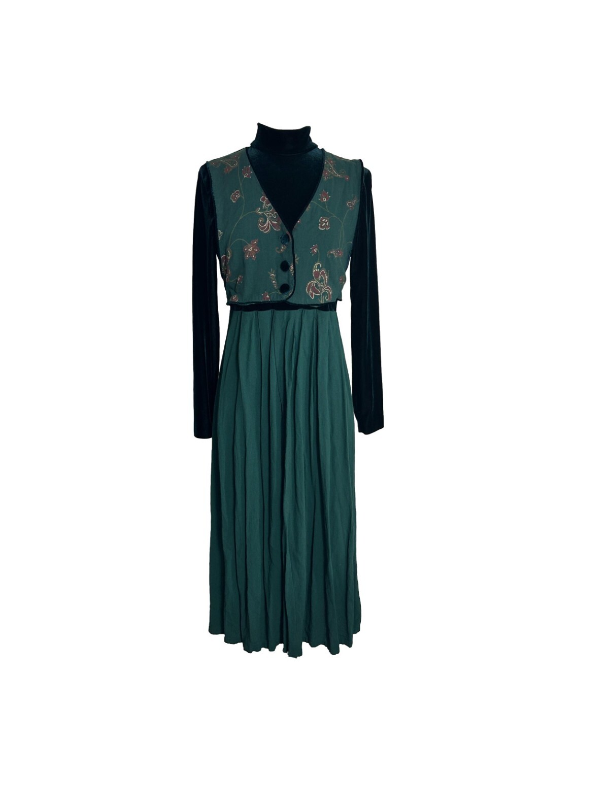 Vtg JBS Dress Green Velvet Turtle Neck Faux Vest Modest Prim See Measurements