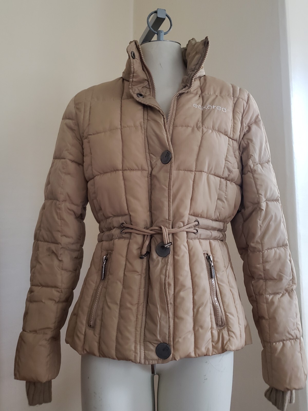 Vintage Eckored Womens Drawstring Waist Puffer Jacket L Tan Khaki Pre-Owned