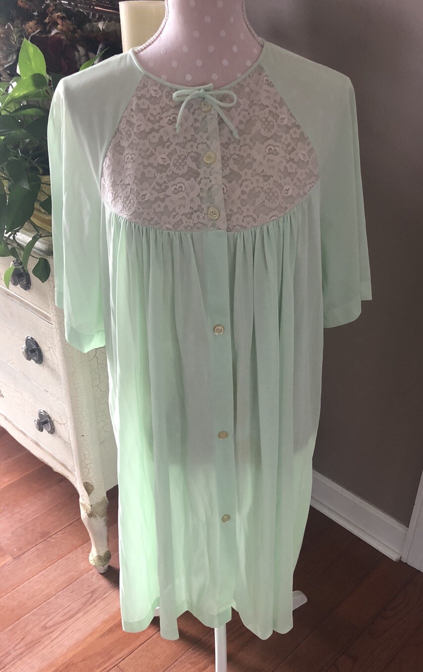 Vintage 60’s San Souci Nylon & Lace Dressing Robe Lingerie Green Tan Women 38 Lg