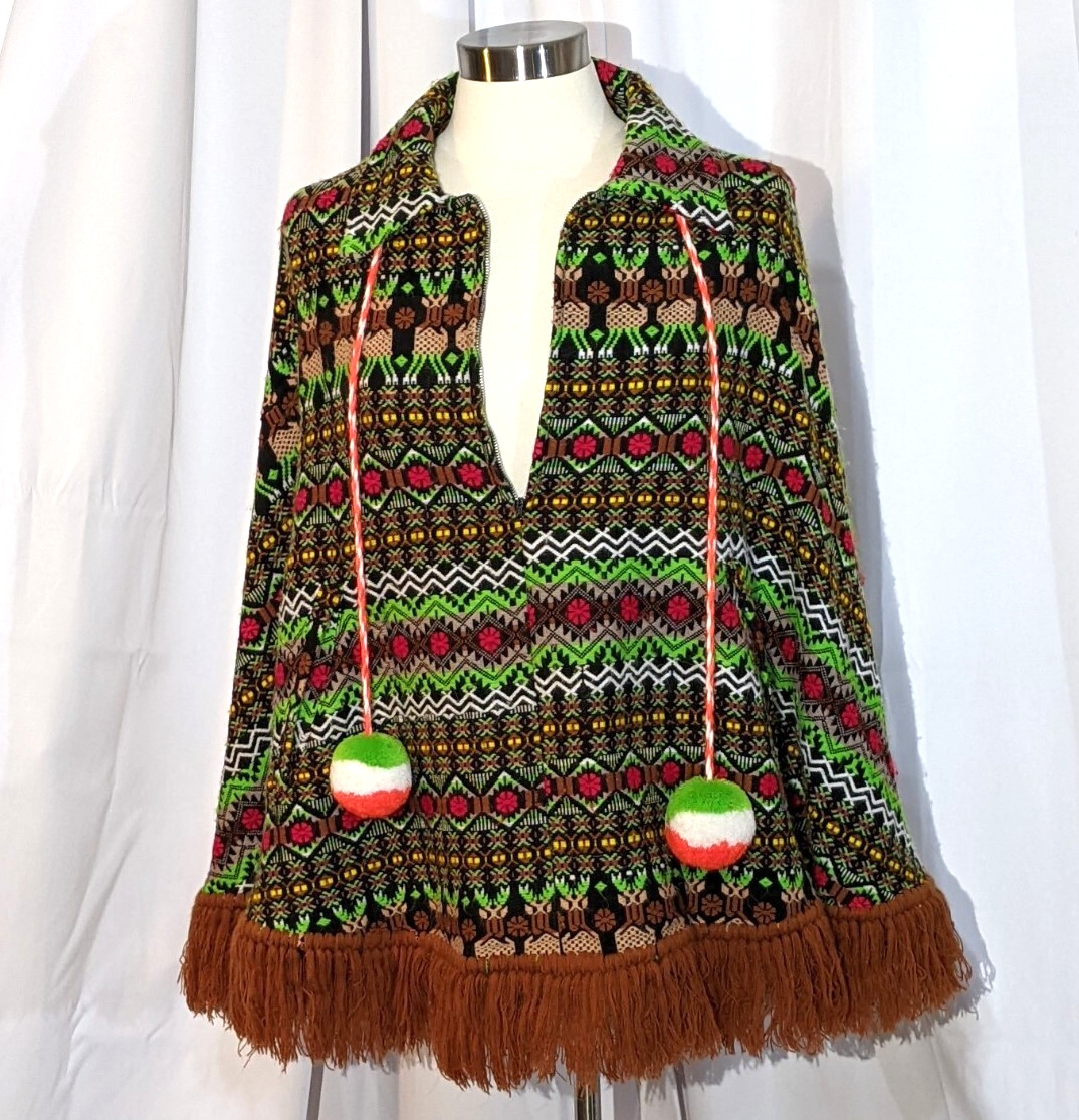 Vtg 60 Guatemala Embroidered Bright Pom Pom Half Zip Poncho Boho Hippie Festival