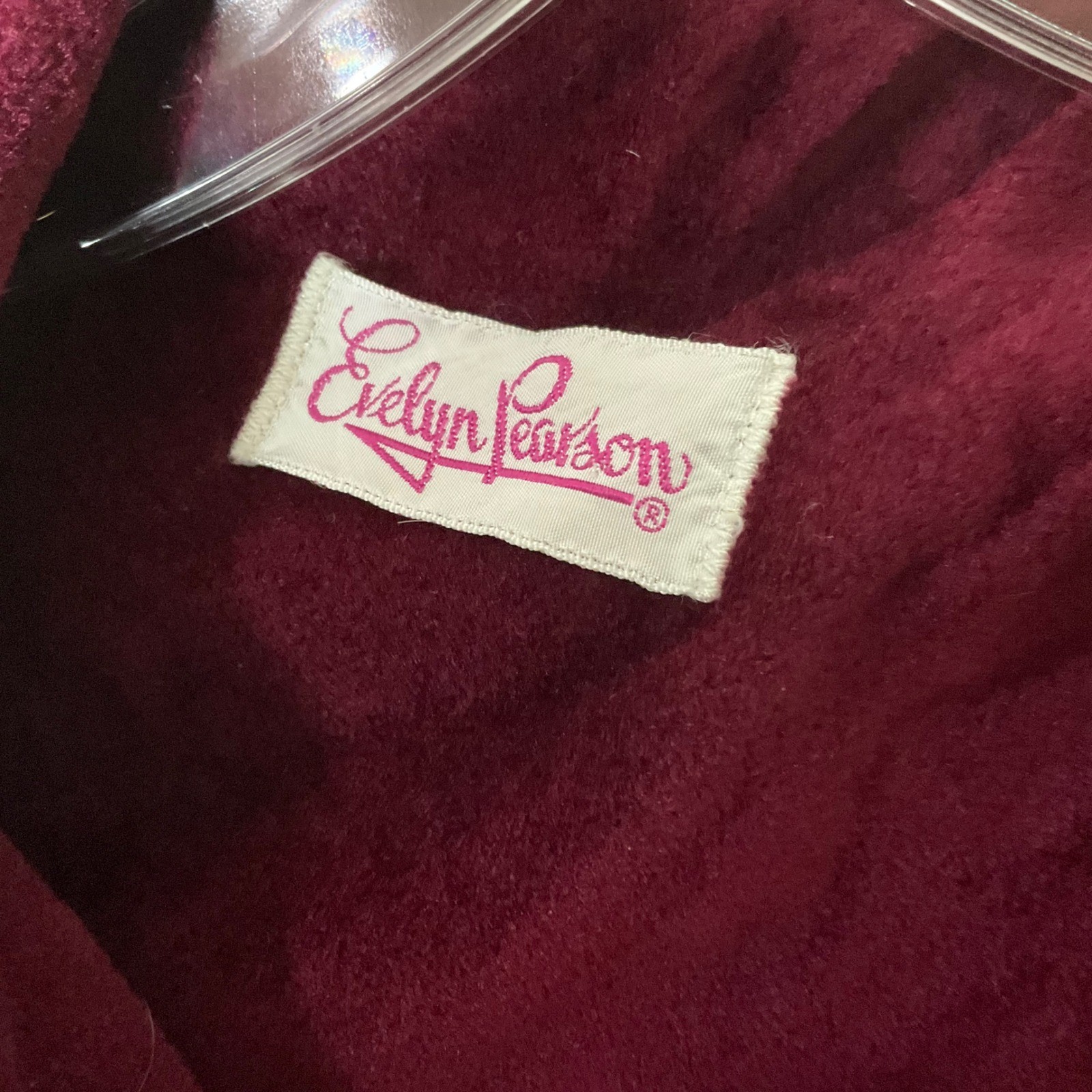 Evelyn Pearson Vintage Velour Robe Burgundy Zip-Front Long-Sleeve Lounger Dress