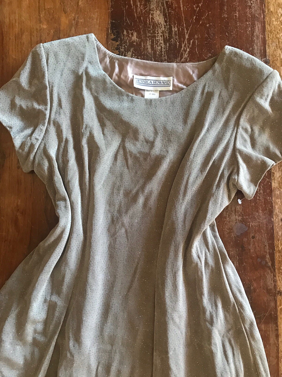 VTG 90s festive taupe silver glitter dot dress dressy cocktail acetate classic