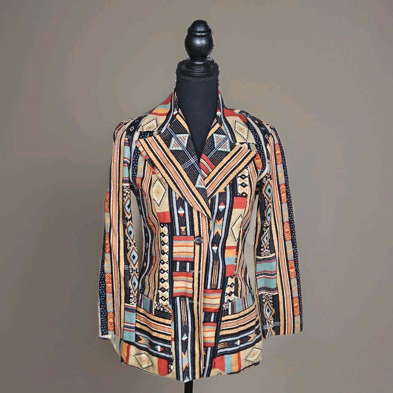 Vintage 80s White Tribal Print Blazer Sz 5/6 Boho Chic Western Southwestern