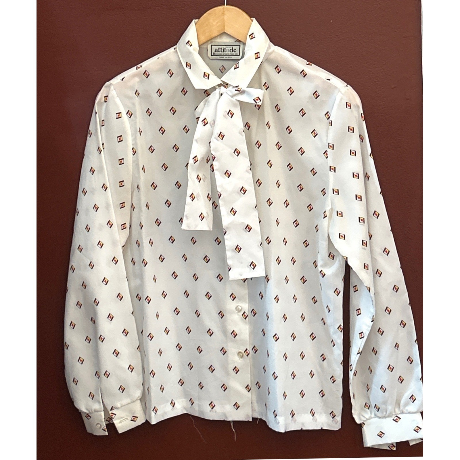 Vintage New Attitude Blouse Secretary Core Librarian Geometric Bow Tie Blouse