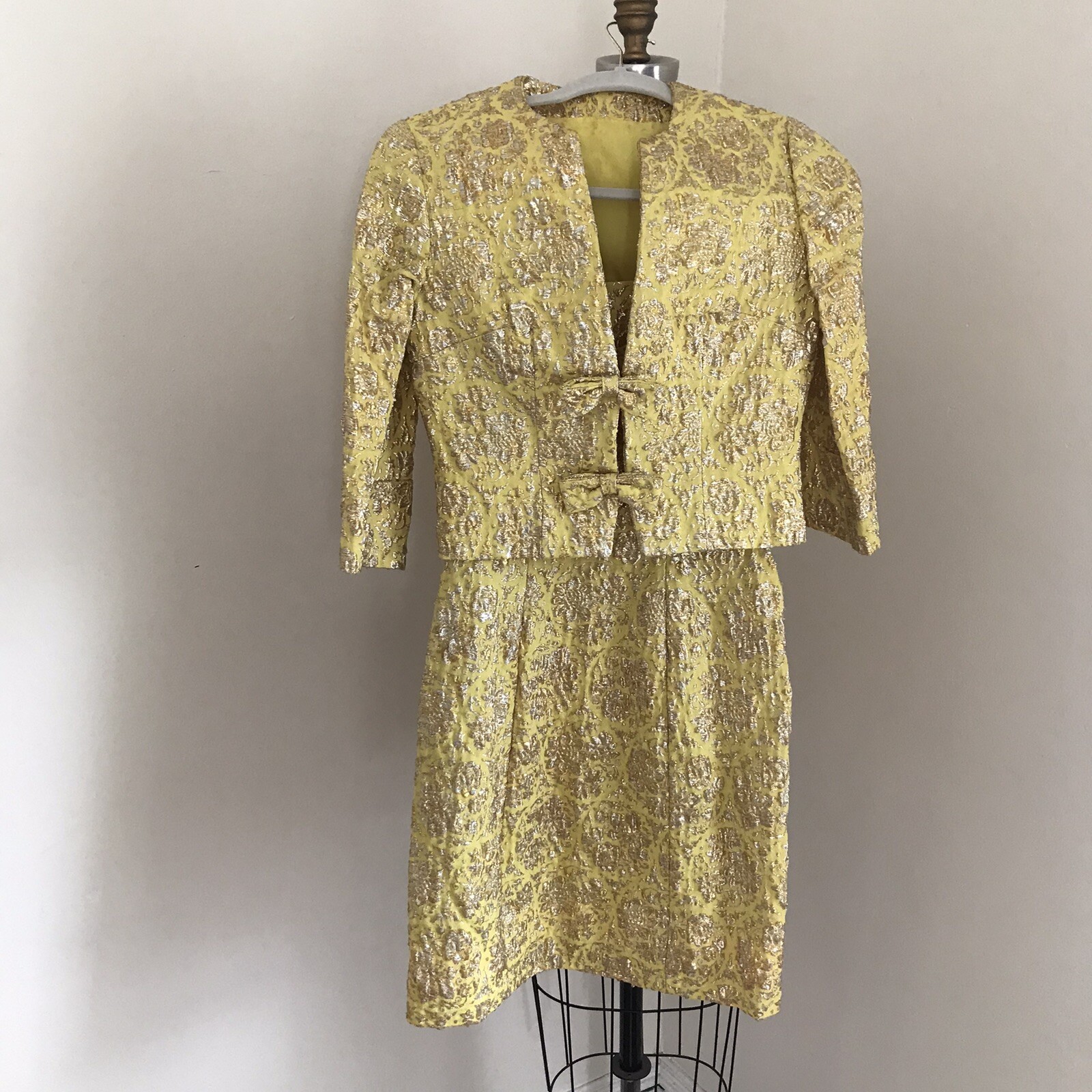 Vintage Brocade Gown Mini Dress Jacket Yellow Gold and silver Metallic 3pcs. XS